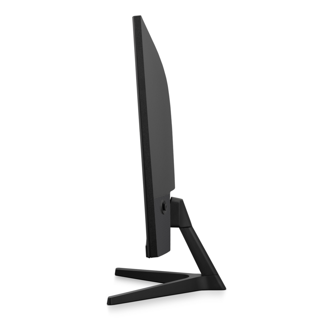 Una vista lateral de un monitor negro con soporte. La pantalla es negra y el diseño es simple.