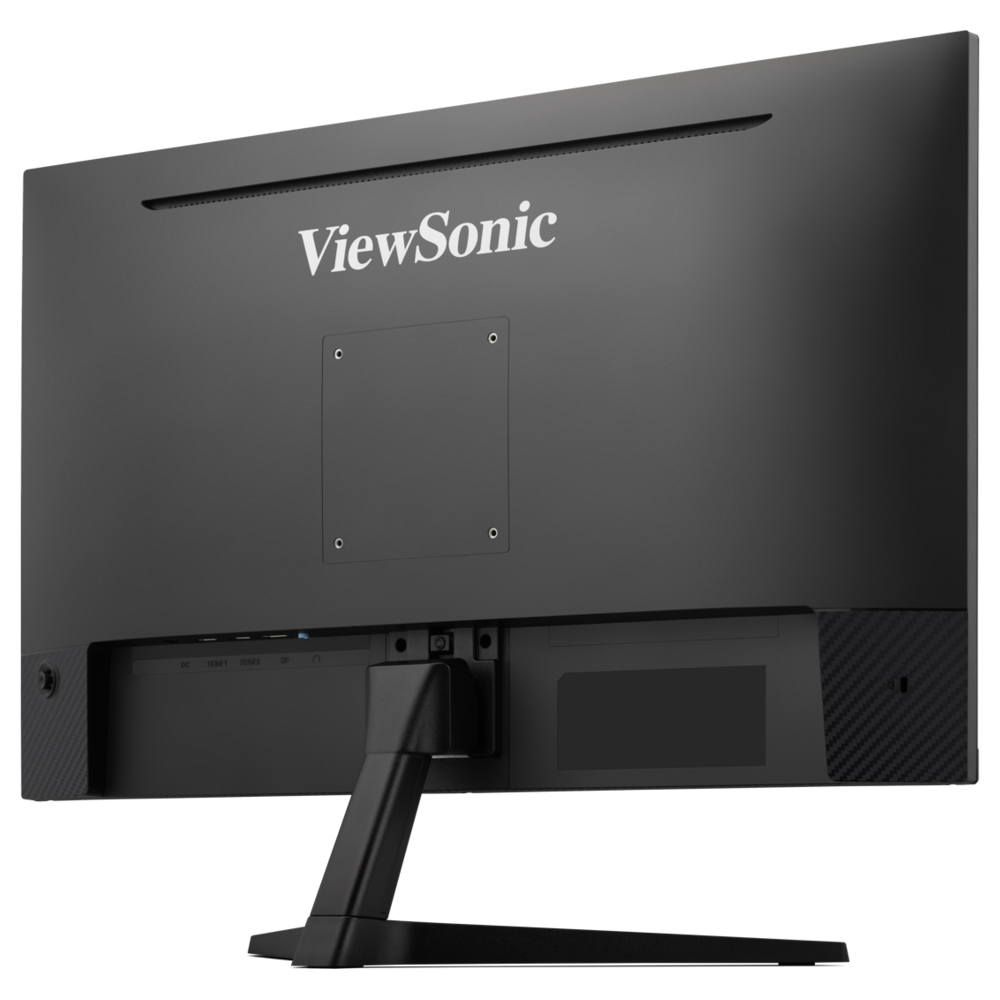 Vista trasera de un monitor de ordenador ViewSonic negro. Tiene un soporte y puertos de conexión.