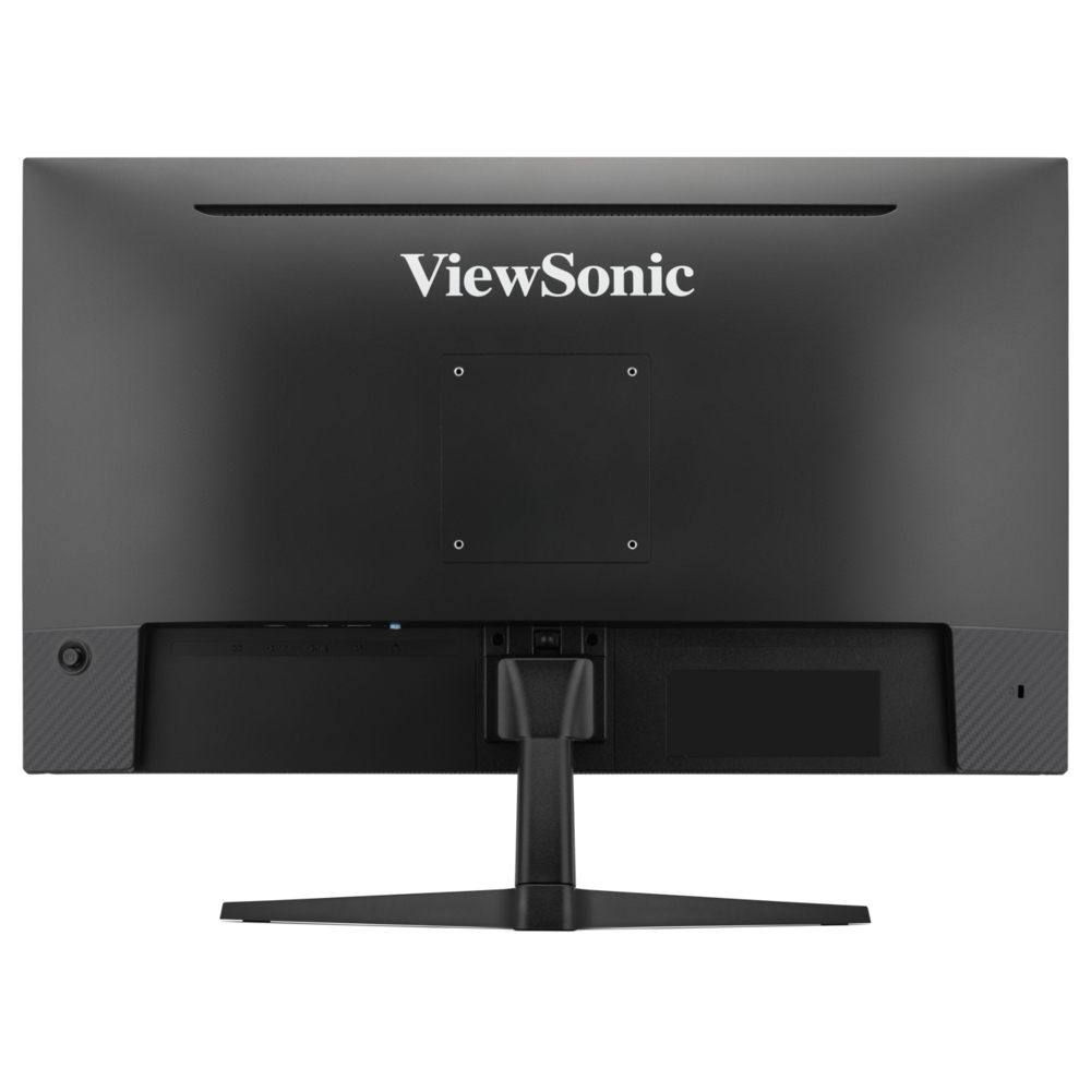 La parte trasera de un monitor ViewSonic negro con puertos y soporte. El logotipo de ViewSonic es visible.