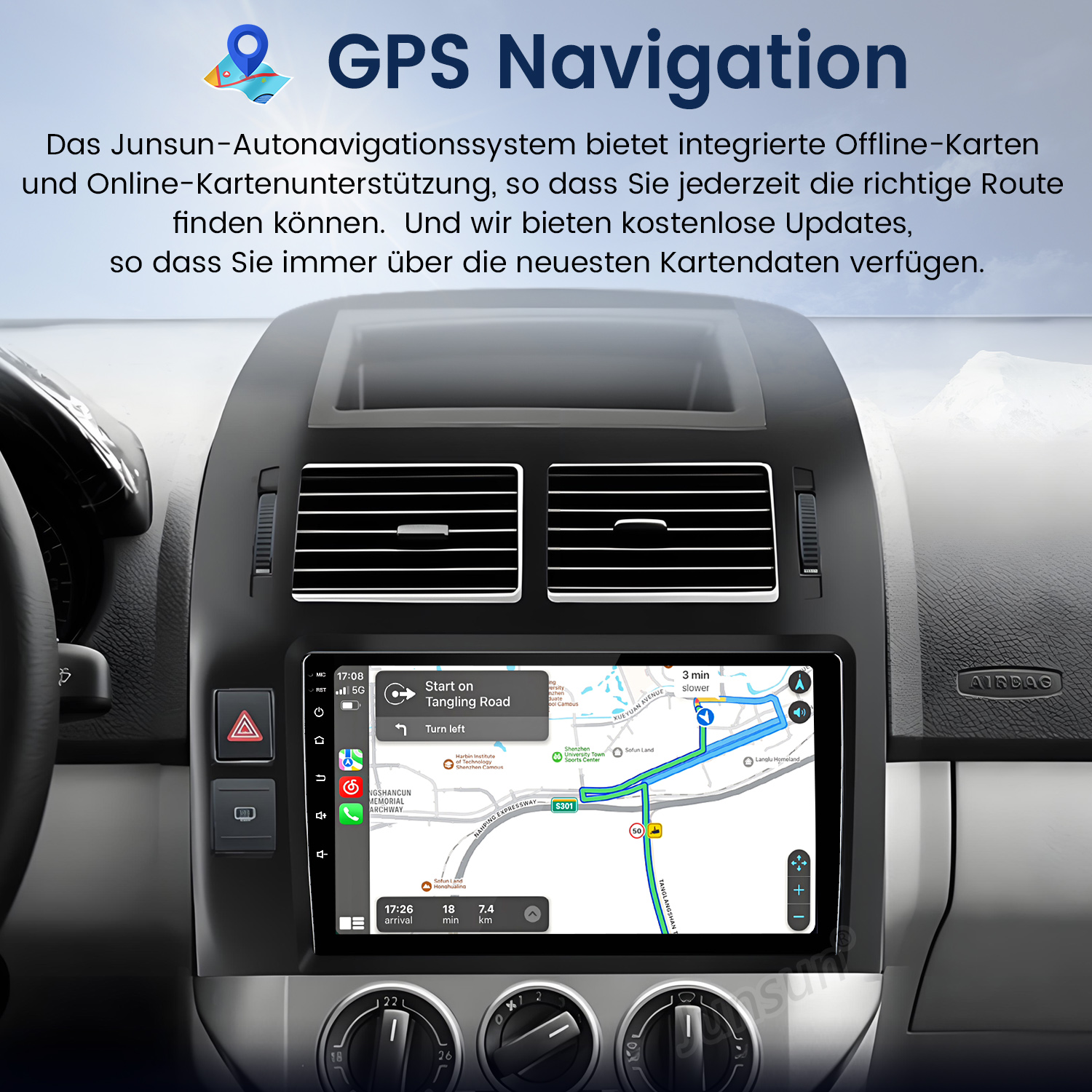 Auto-Armaturenbrett mit GPS-Navigation. Der Bildschirm zeigt eine Karte mit Routenführung an. Der Innenraum des Autos ist sichtbar.