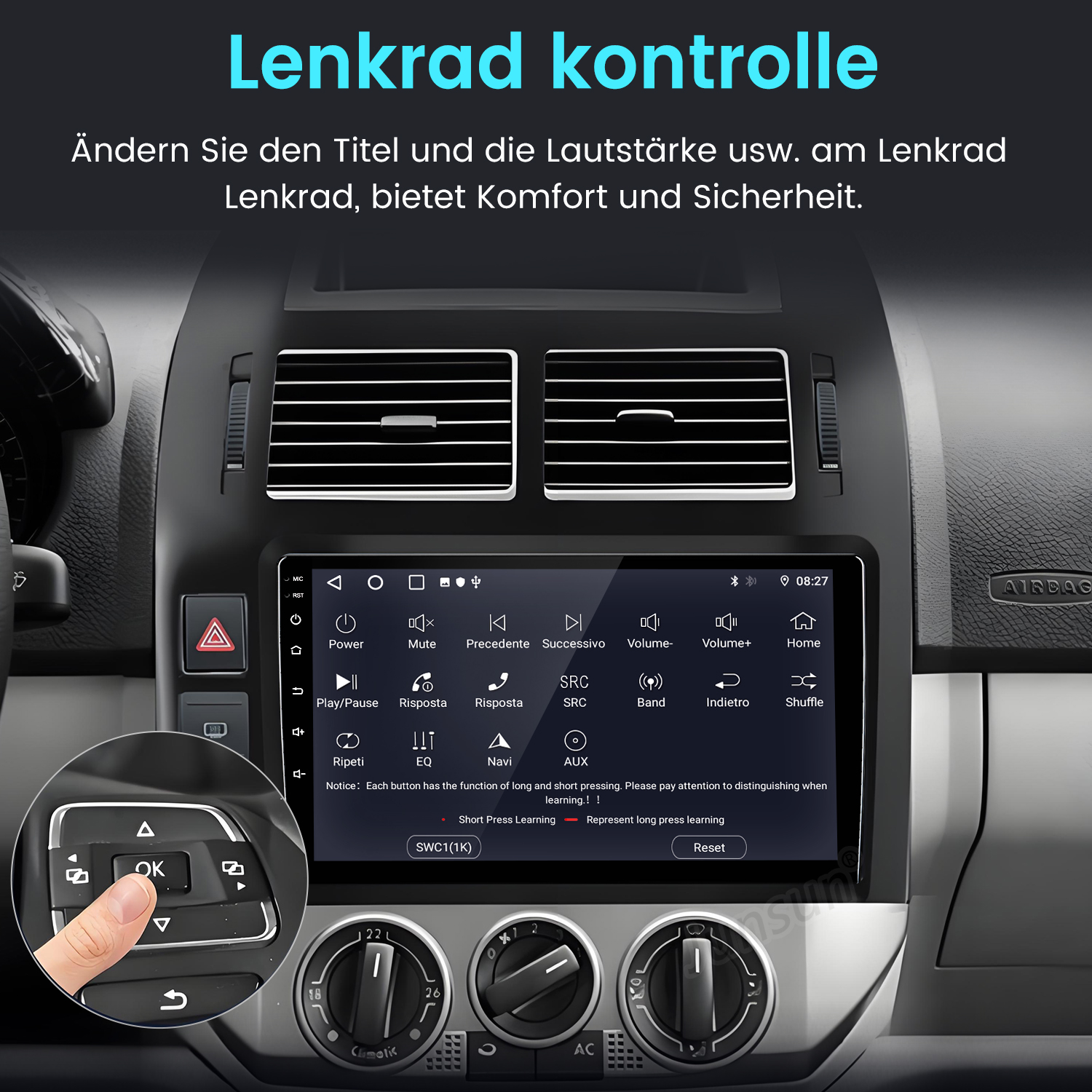 Armaturenbrett mit Digitalanzeige mit Bedienelementen und Informationen. Eine Hand berührt eine Taste.