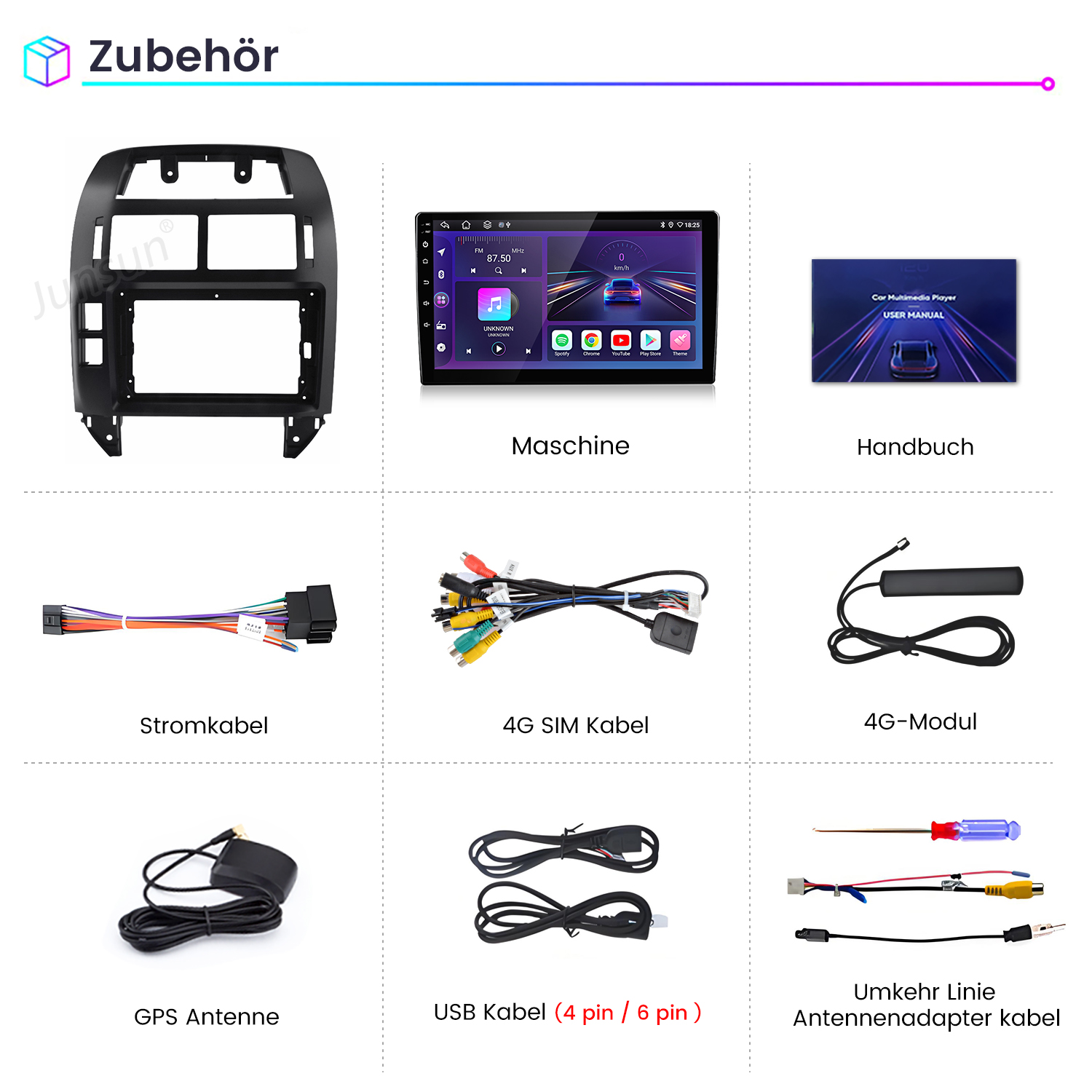 Eine Sammlung von Autoradio-Zubehör, darunter Kabel, Antenne und eine Bedienungsanleitung.