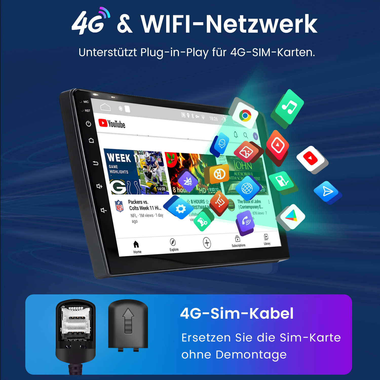 Auto-Stereo-Bildschirm zeigt YouTube mit schwebenden App-Symbolen. 4G SIM-Karten-Details werden unten angezeigt.