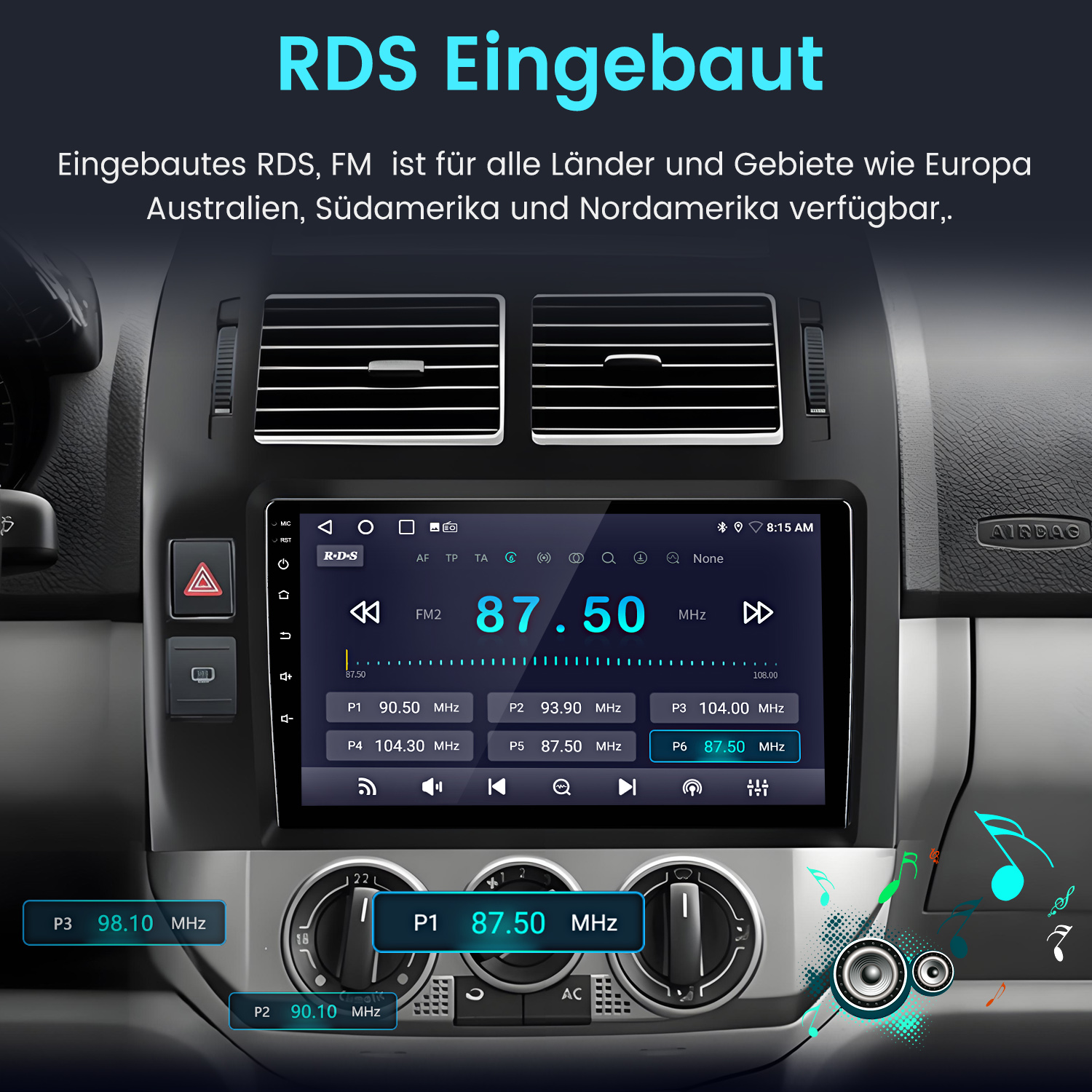 Armaturenbrett mit Radioeinstellungen. Der Bildschirm zeigt Radiofrequenzen und das RDS-Logo.