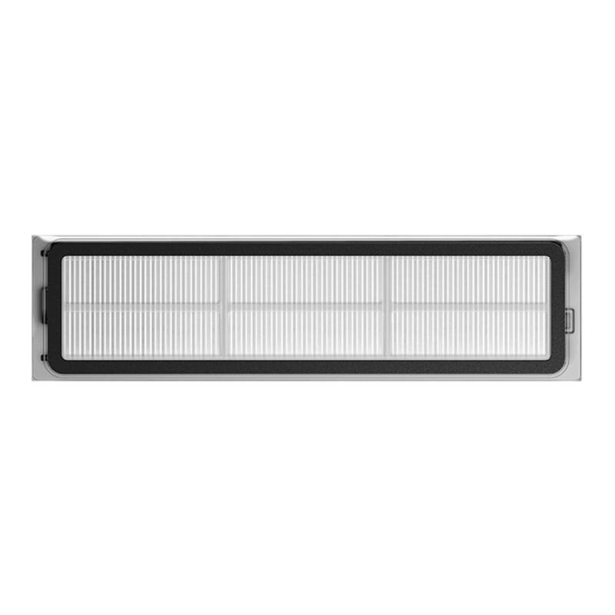 Un filtro rectangular para aspiradora, con marco negro y material filtrante blanco plisado en el interior.