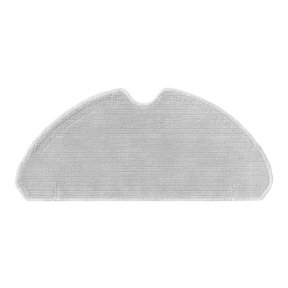Almohadilla de microfibra gris en forma de media luna para un robot aspirador, con parte superior curva e inferior plana.