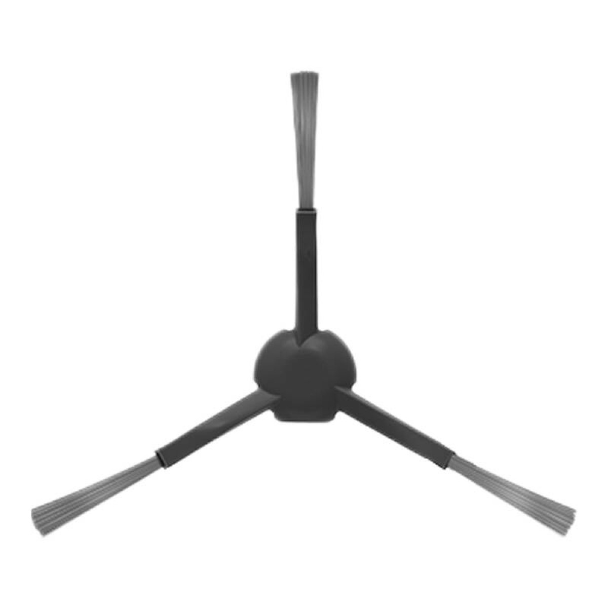 Primer plano de un cepillo lateral de robot aspirador, con cerdas grises y base negra. El cepillo está en ángulo.