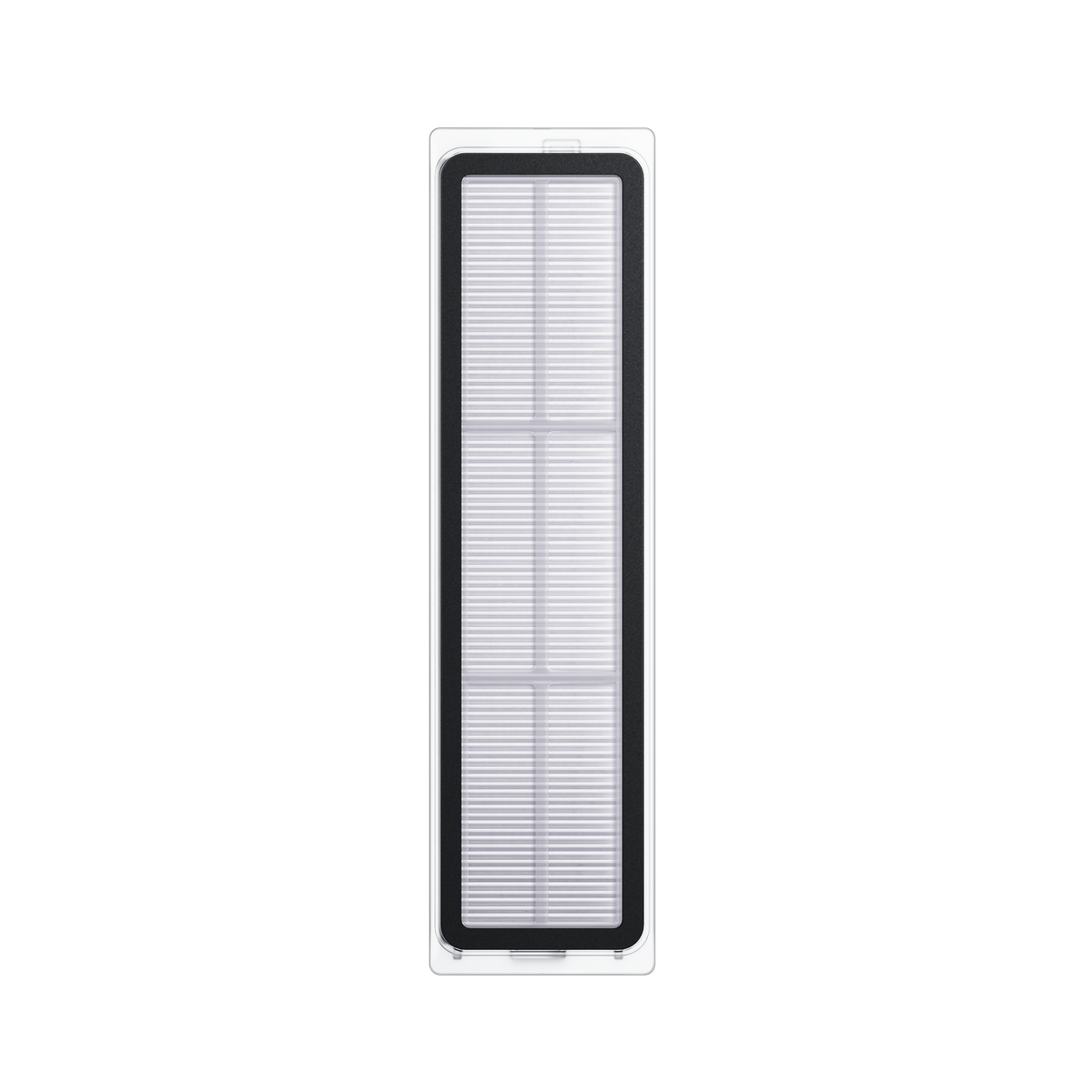 Un filtro per aspirapolvere rettangolare lungo con cornice nera e materiale filtrante bianco pieghettato all'interno.