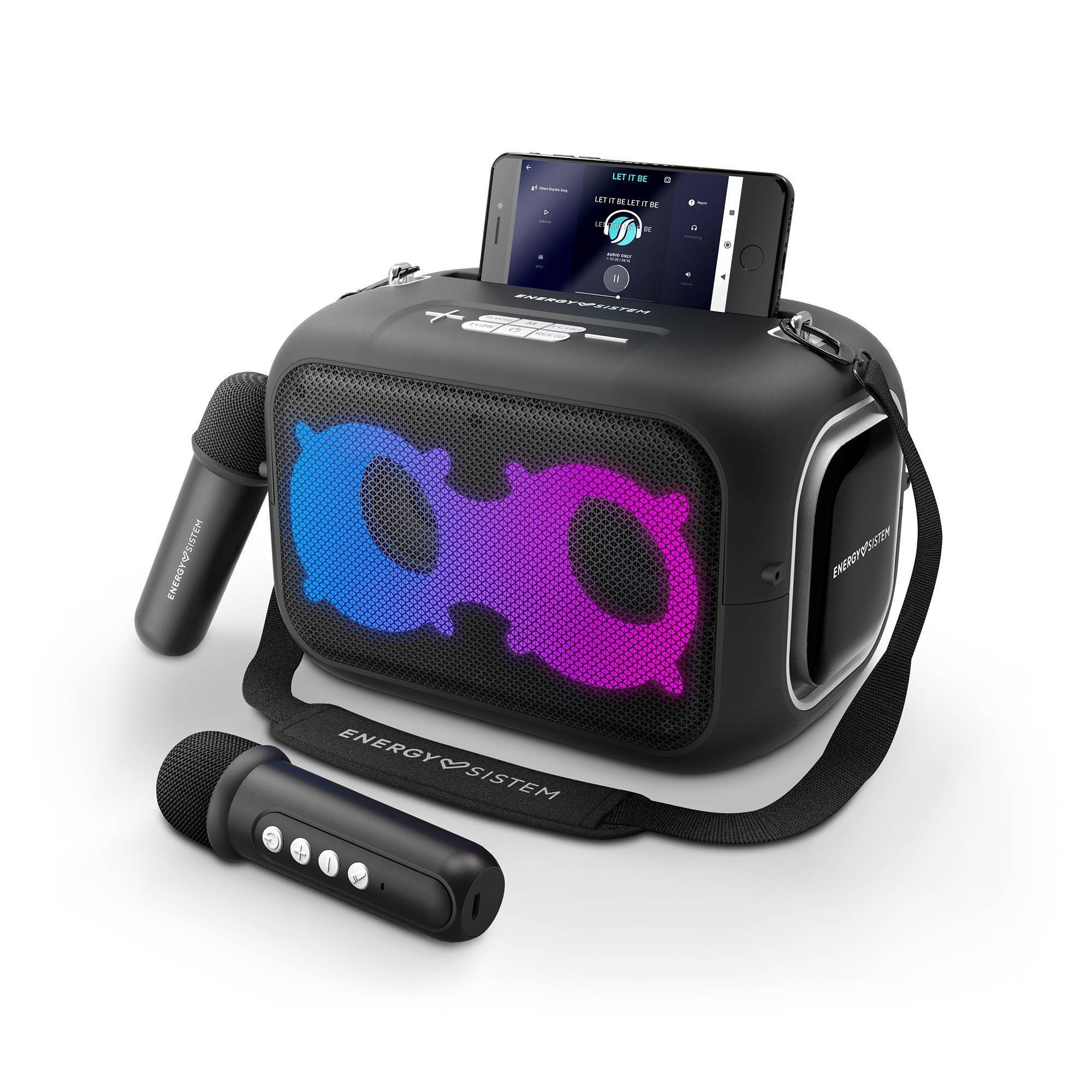 Una macchina per karaoke nera con supporto per telefono, due microfoni e una tracolla. La parte anteriore ha luci colorate.