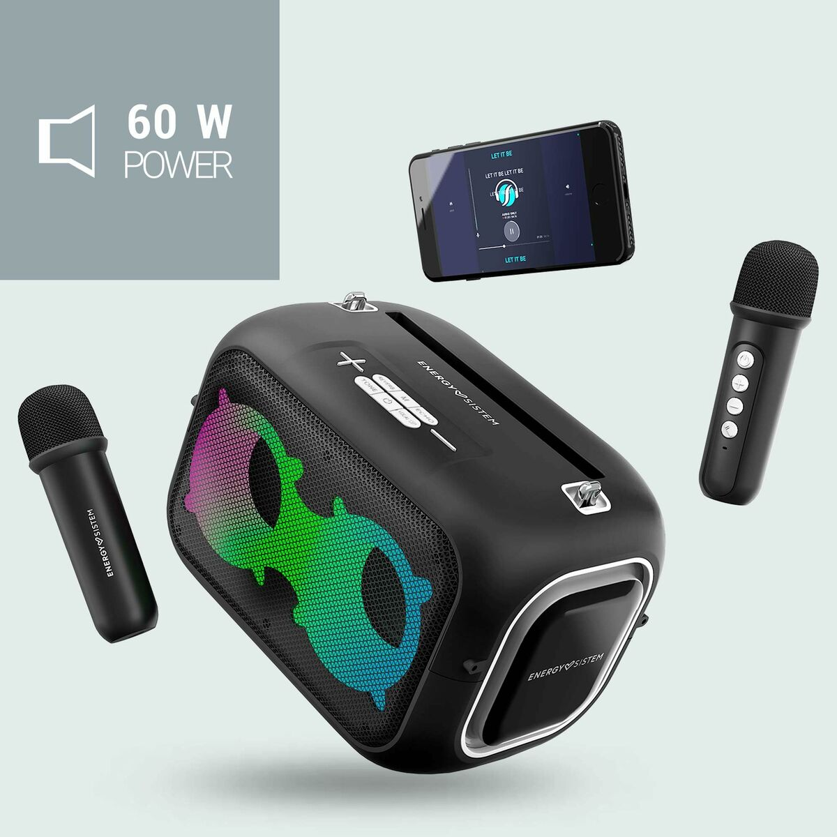 Un altoparlante per karaoke nero, uno smartphone e due microfoni. Un'icona di potenza da 60 W e note musicali sono visibili.