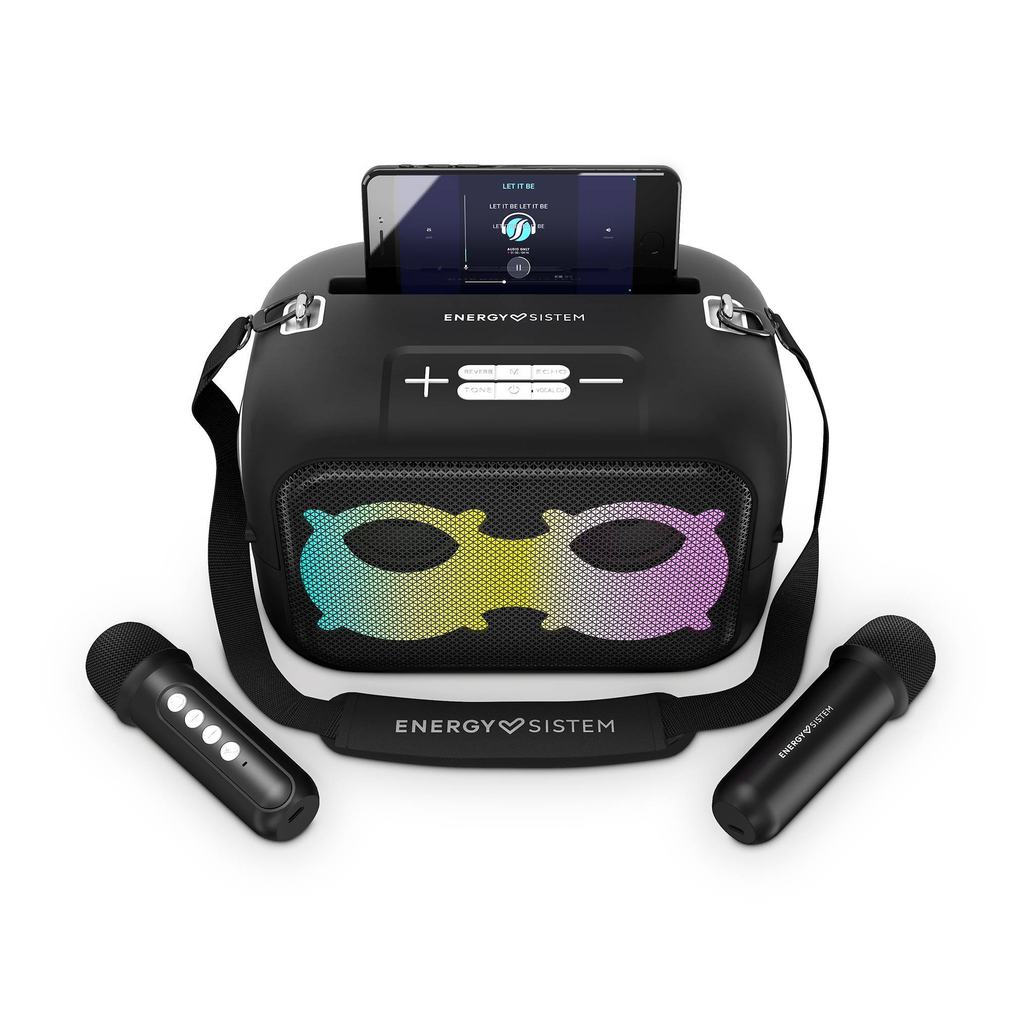 Un altoparlante per karaoke nero con supporto per smartphone, due microfoni e una tracolla. Il design è nero.