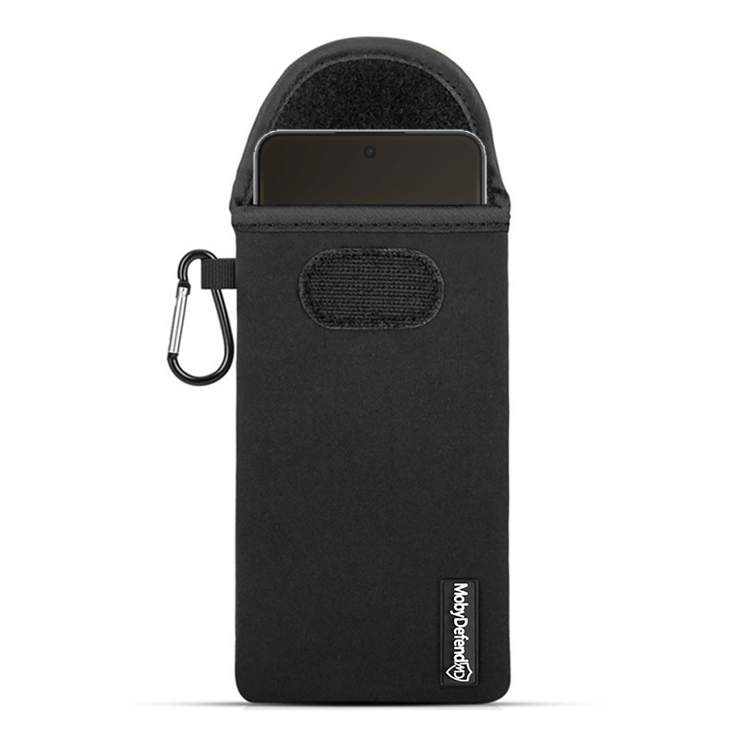 Étui de téléphone noir avec partie supérieure noire et mousqueton. Un téléphone est visible. Logo MobyDefend en bas.
