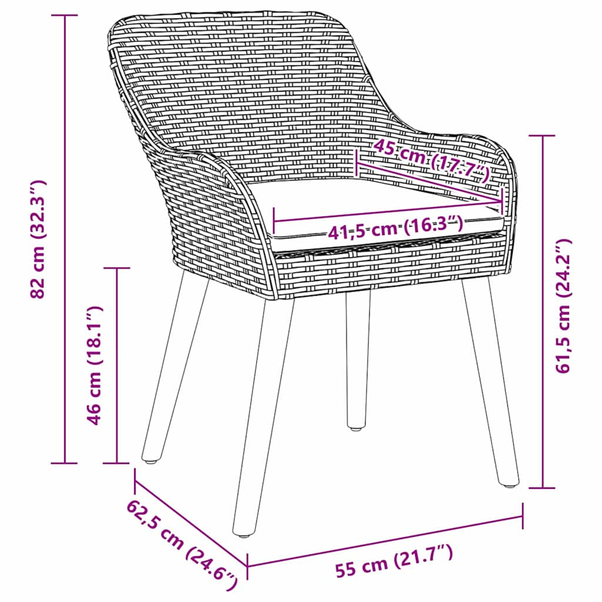 Korbstuhl mit Maßen. Der Stuhl hat eine gewebte Sitzfläche und Rückenlehne und Holzbeine.