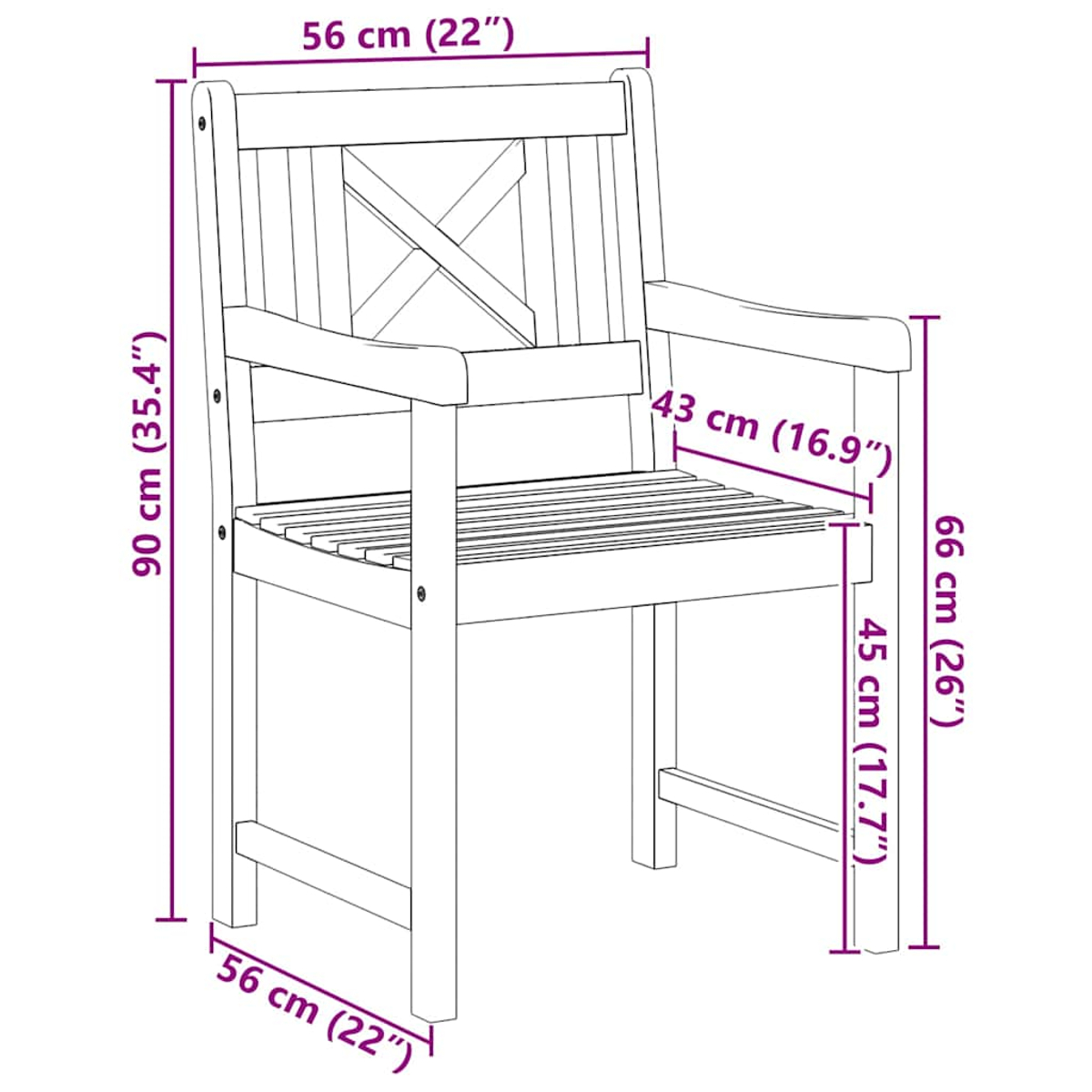 Holzstuhl mit Armlehnen und Maßen. Er hat eine Sitzfläche aus Latten und ein dekoratives X auf der Rückenlehne.