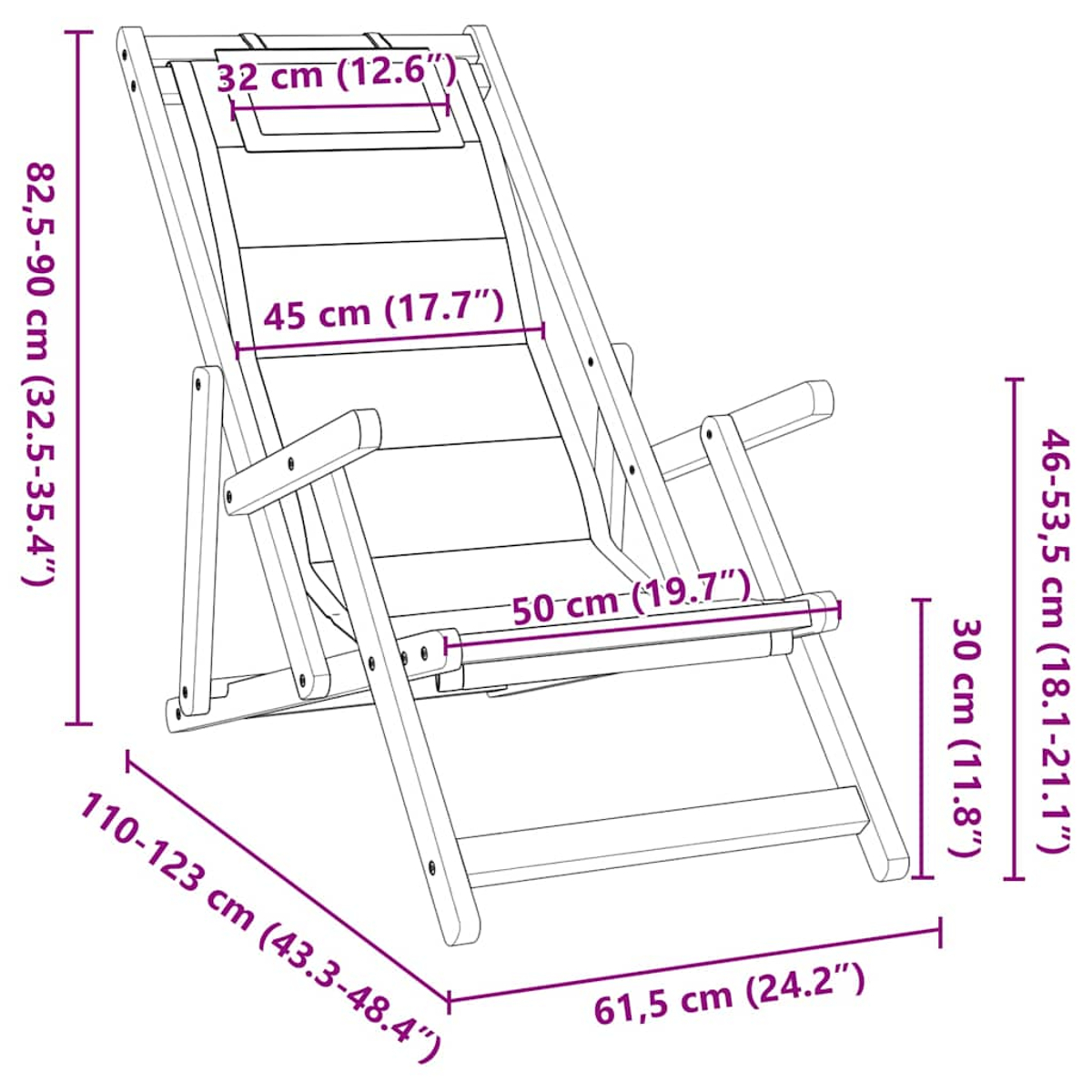 Ein Liegestuhl aus Holz. Er hat eine Lattenlehne und -sitzfläche sowie Armlehnen. Abmessungen sind angegeben.