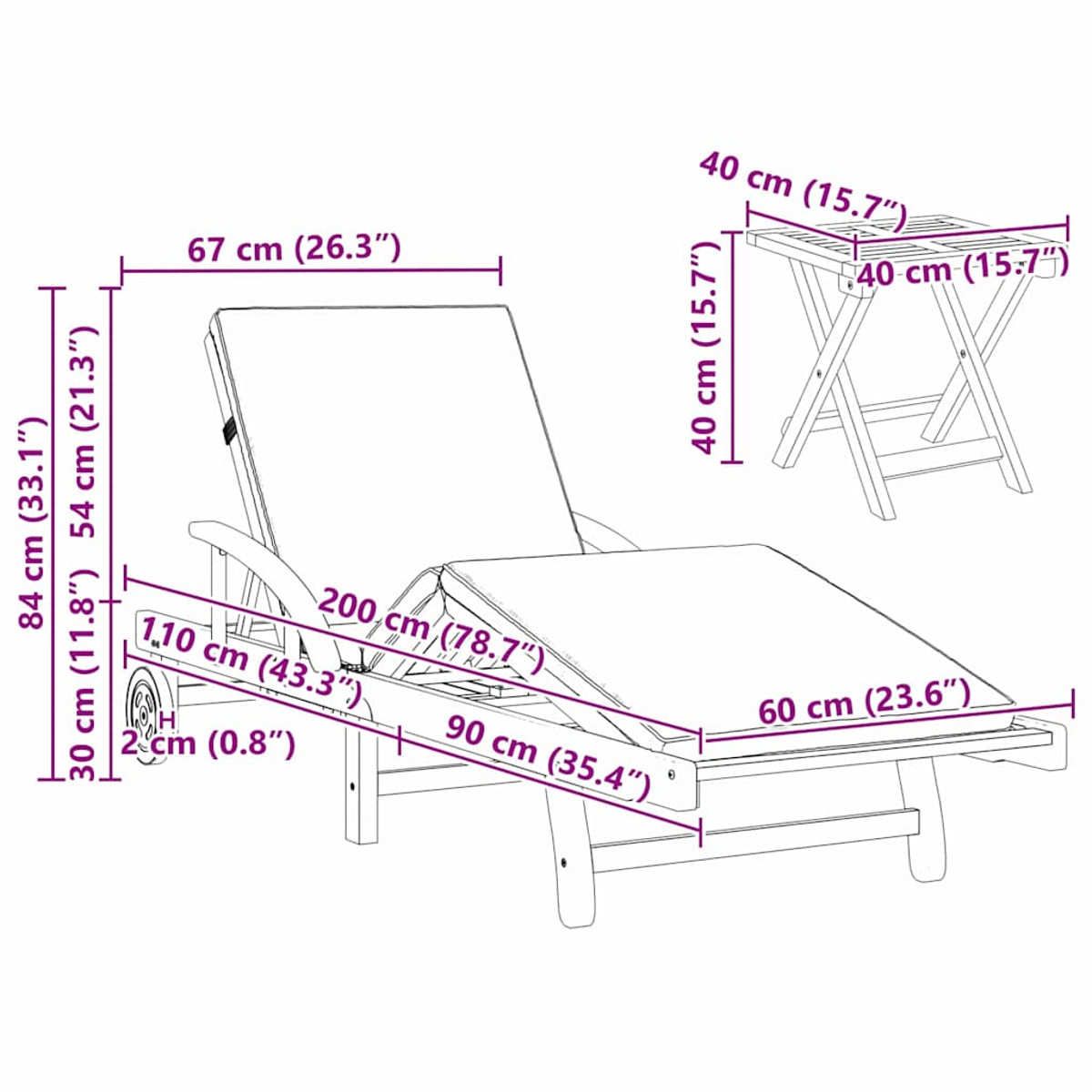 Ein Holzstuhl mit gepolstertem Sitz und Rücken, die Abmessungen sind angegeben.