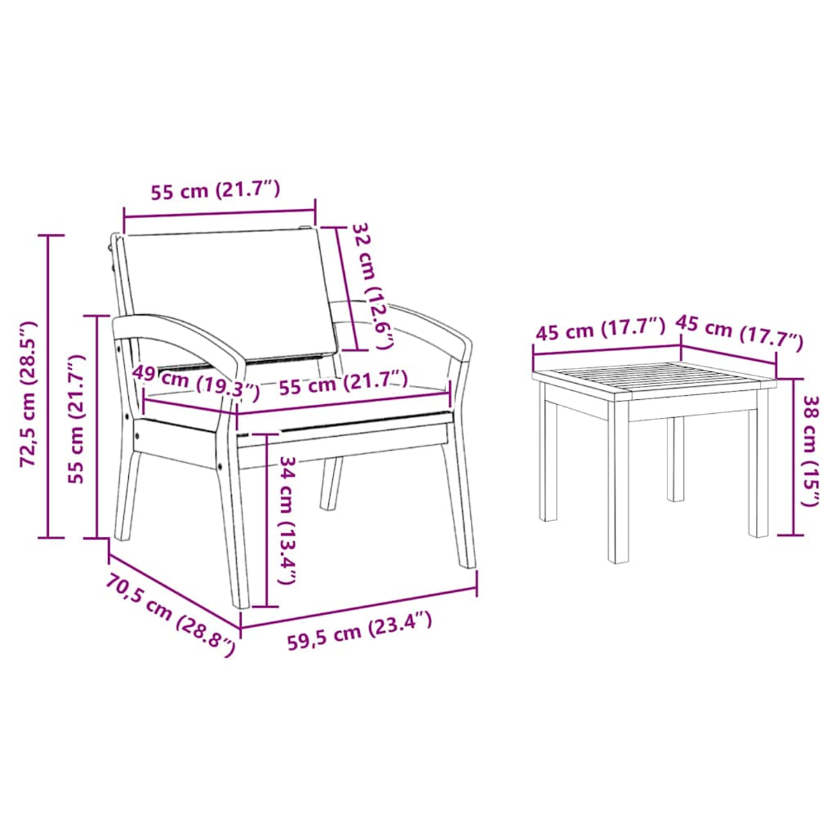 Stuhl mit beschrifteten Abmessungen, neben einem kleinen quadratischen Tisch. Beide sind helles Holz.
