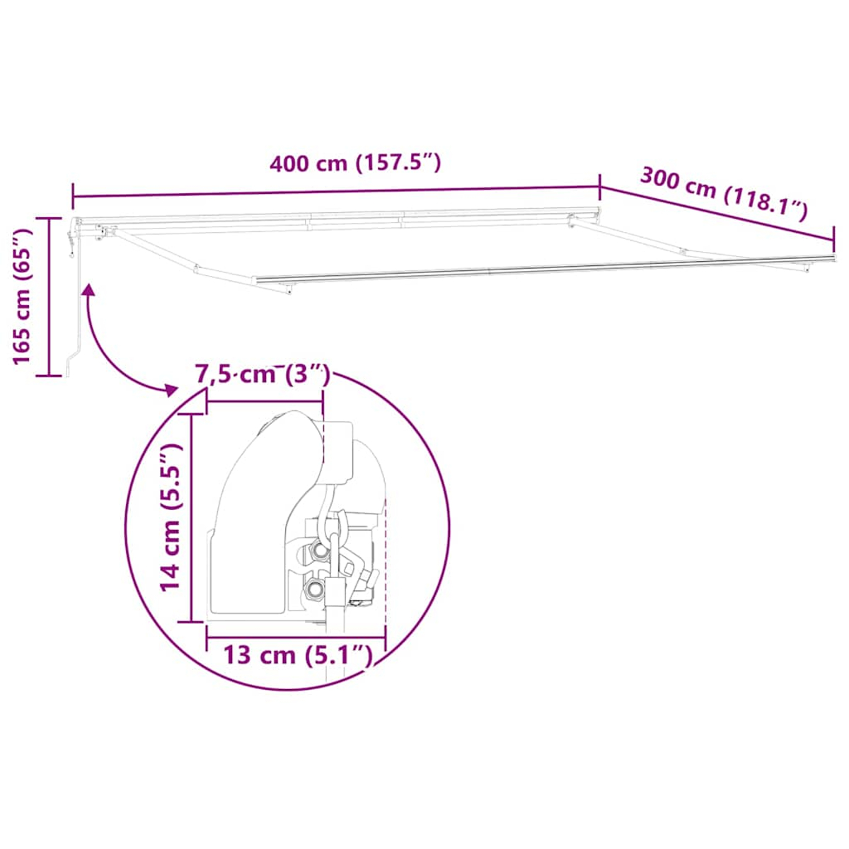 Diagramm einer ausziehbaren Markise mit Abmessungen in cm und Zoll, einschließlich einer Detailansicht des Montagemechanismus.
