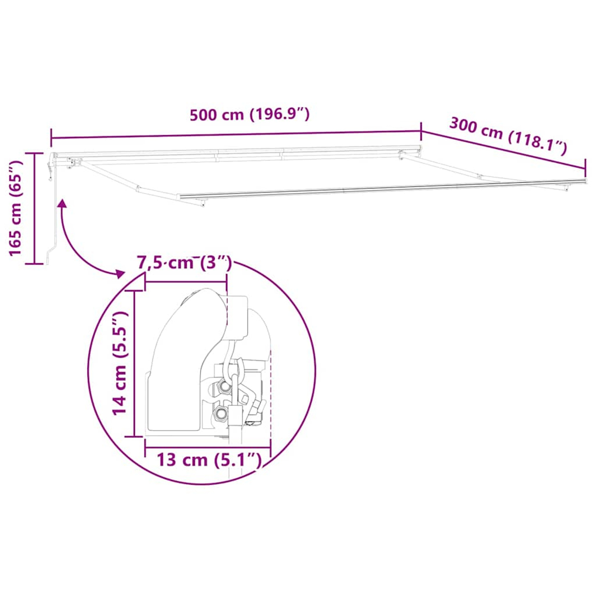 Markise mit Abmessungen in cm und Detailansichten. Es verfügt über eine Leuchte und Mechanismendetails.