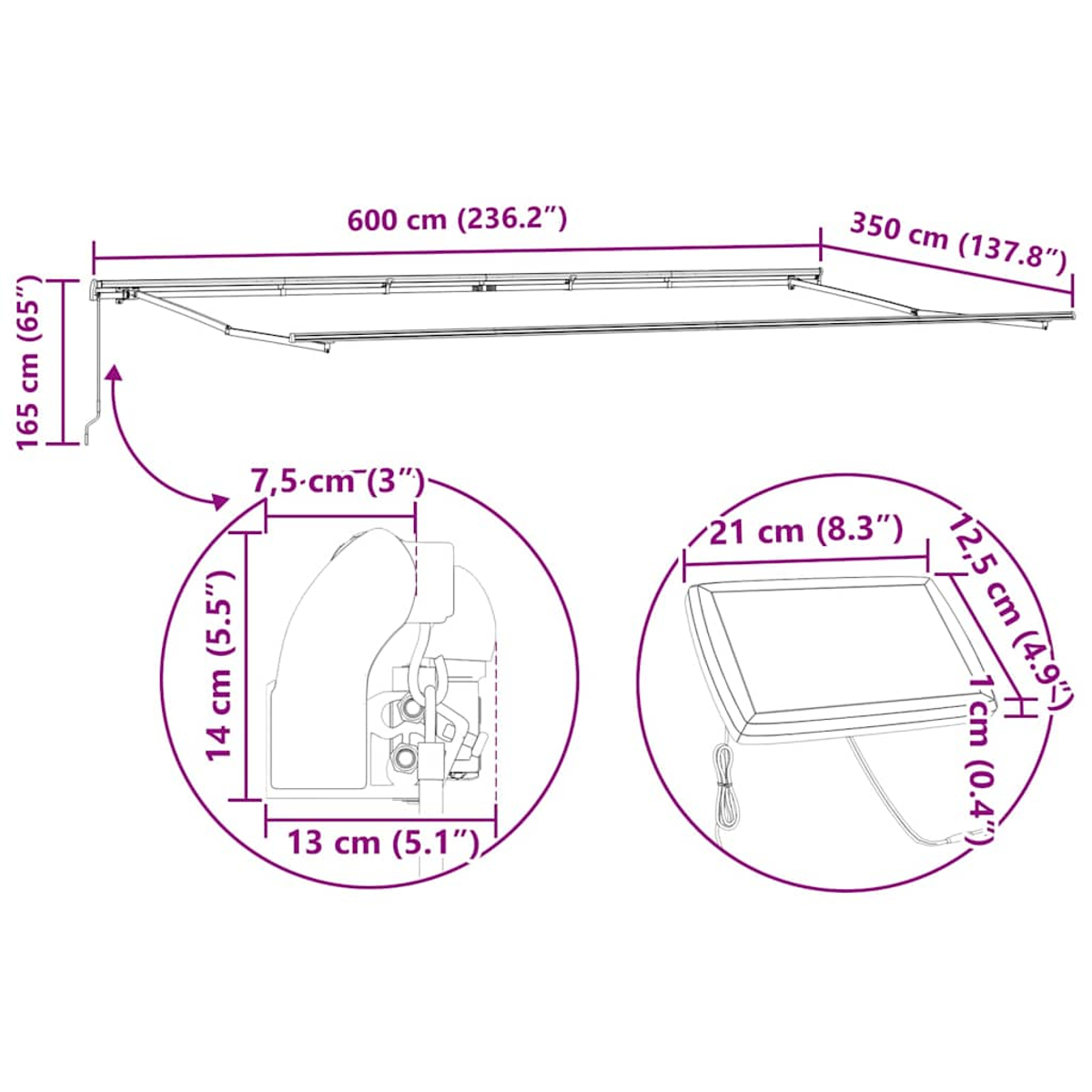 Markise mit Abmessungen in cm und Detailansichten. Es verfügt über eine Leuchte und Mechanismendetails.