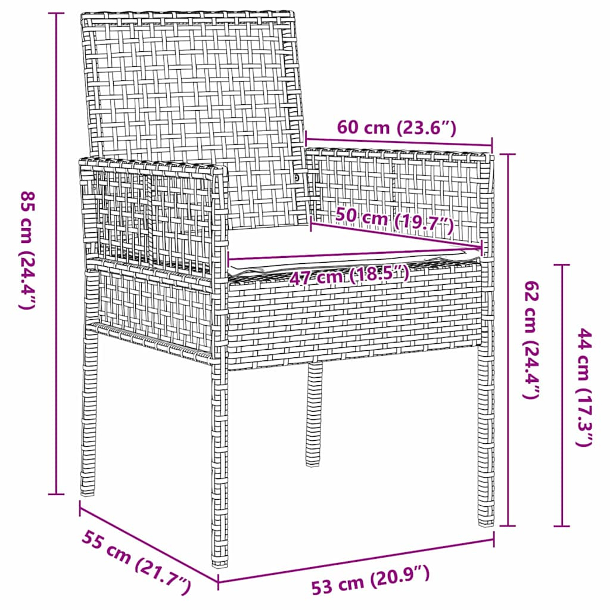 Una sedia in vimini con dimensioni in cm. Ha seduta e schienale intrecciati, con braccioli.