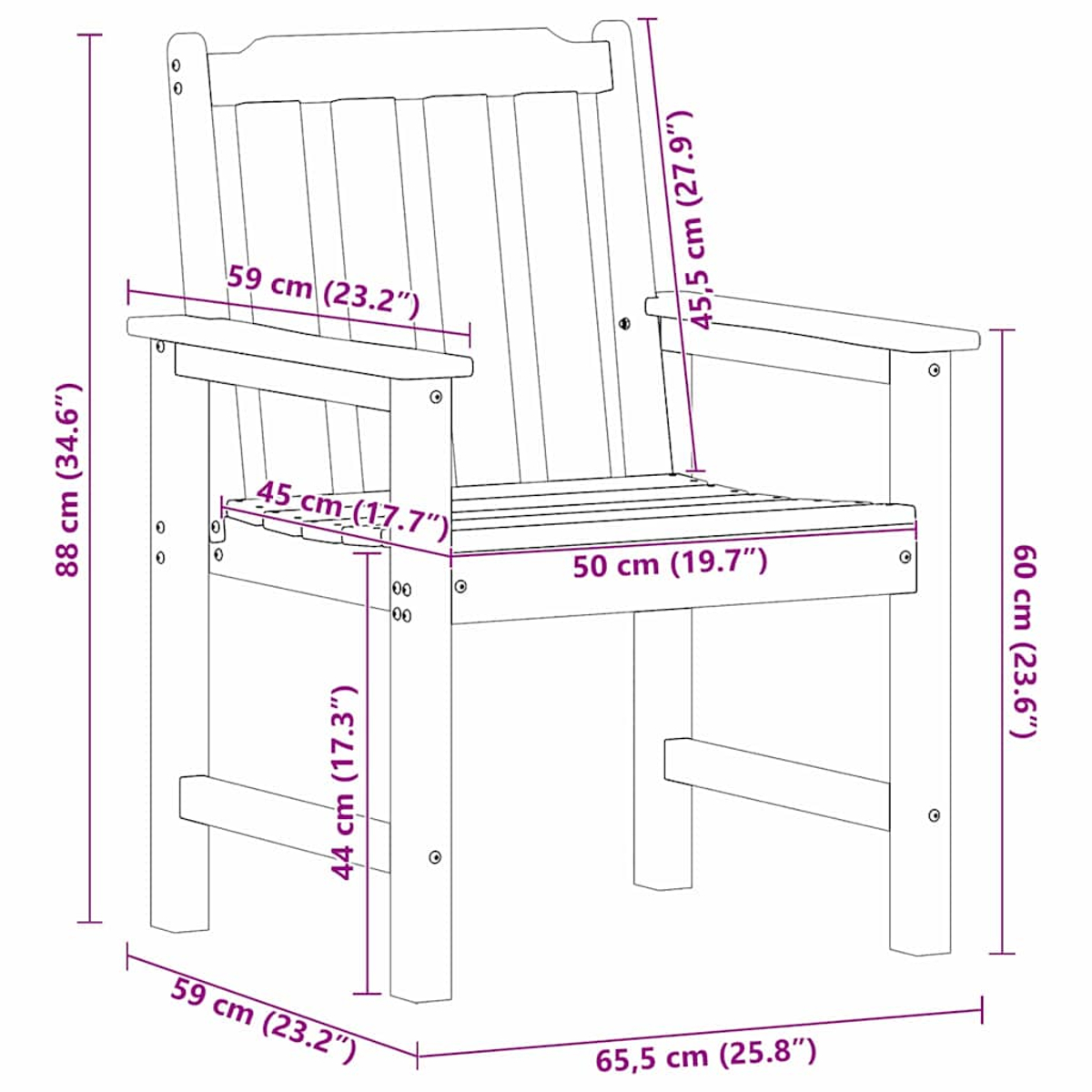 Una silla de madera con reposabrazos, dimensiones en cm etiquetadas. Tiene asiento y respaldo de listones.