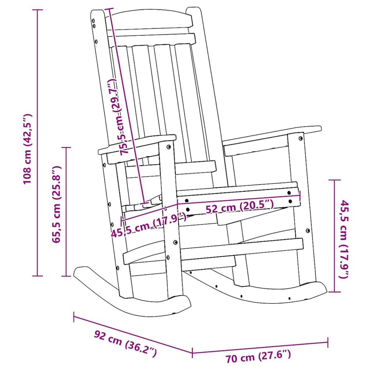 Ein Schaukelstuhl aus Holz mit Abmessungen in cm. Er hat eine Lattenlehne und gebogene Kufen.