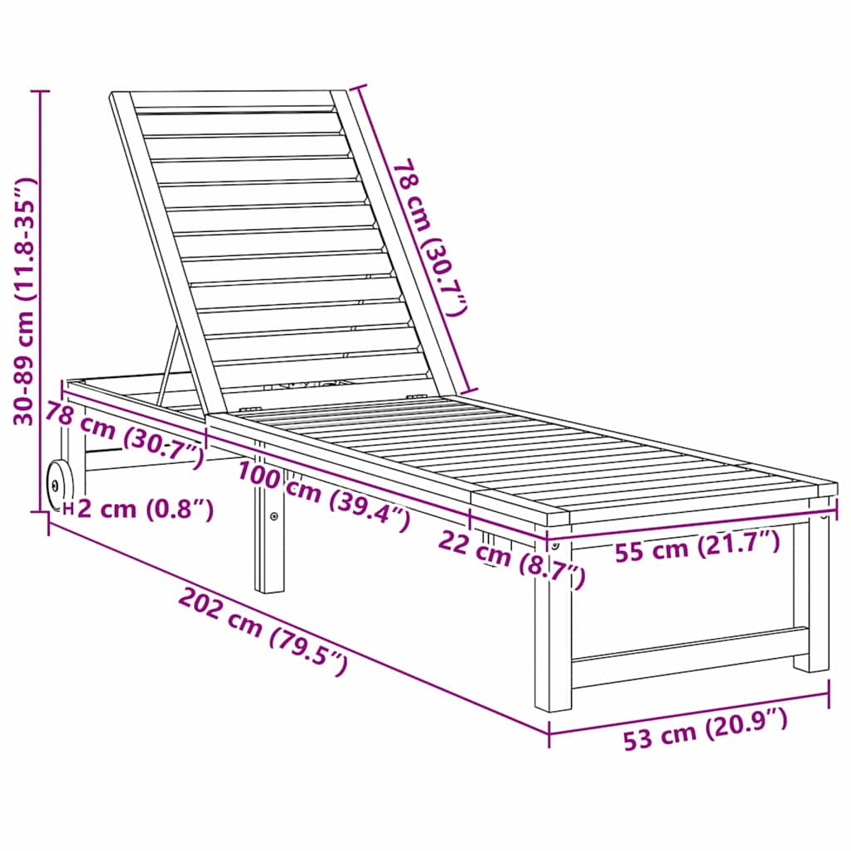 Dibujo lineal de una tumbona con dimensiones etiquetadas en cm y pulgadas.