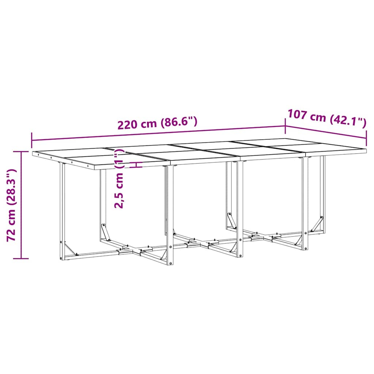 Una mesa rectangular con dimensiones marcadas. Tiene superficie clara y patas metálicas. La mesa está vacía.