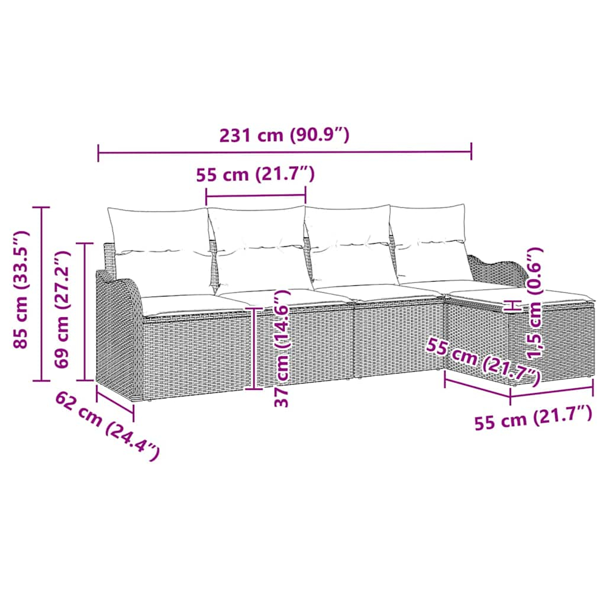 Rattan-Sofa mit beschrifteten Abmessungen. Es hat Kissen. Hauptsächlich braune und beige Farben.