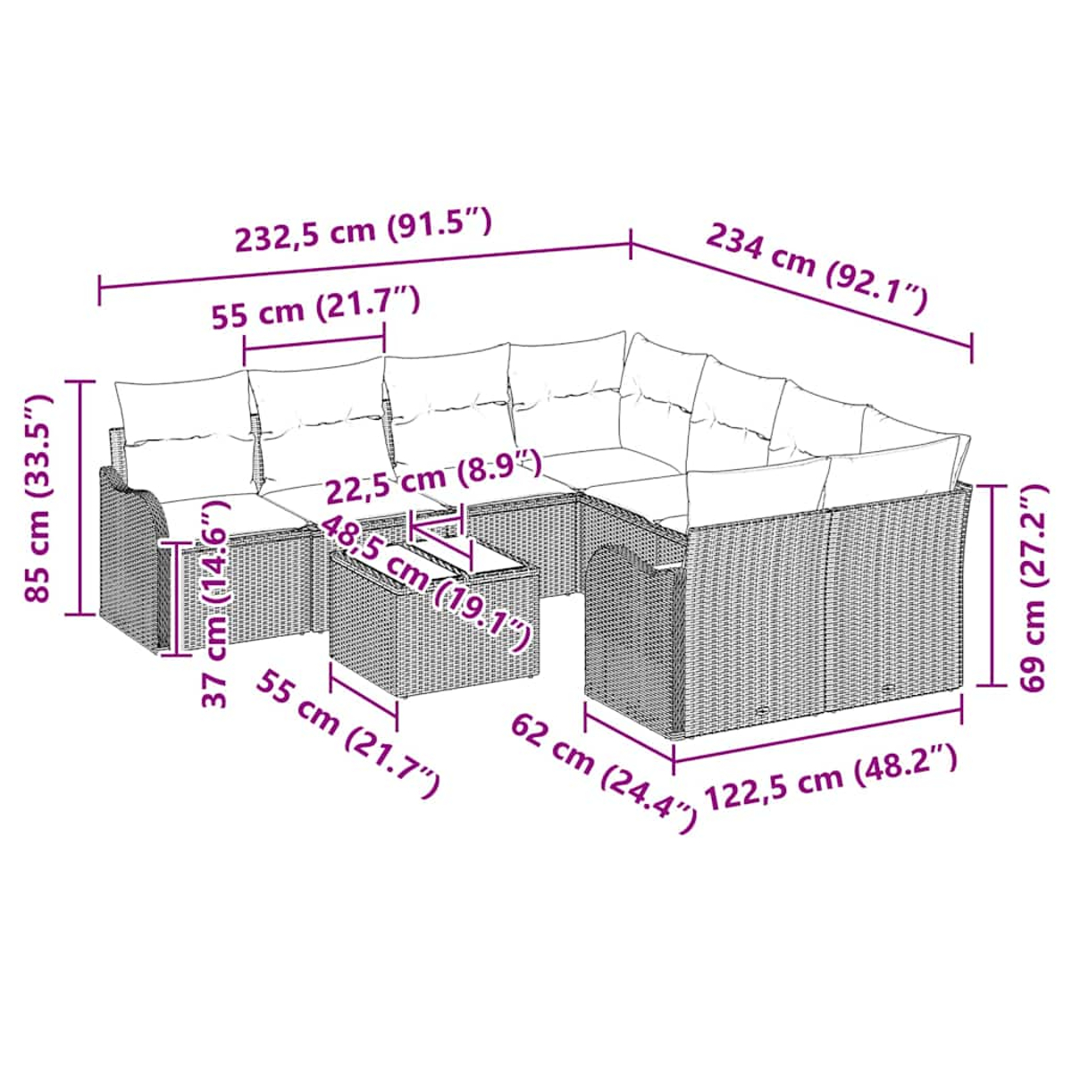 Rattan-Sofagarnitur mit beschrifteten Abmessungen. Es hat Kissen und einen kleinen Tisch. Hauptsächlich braune und beige Farben.