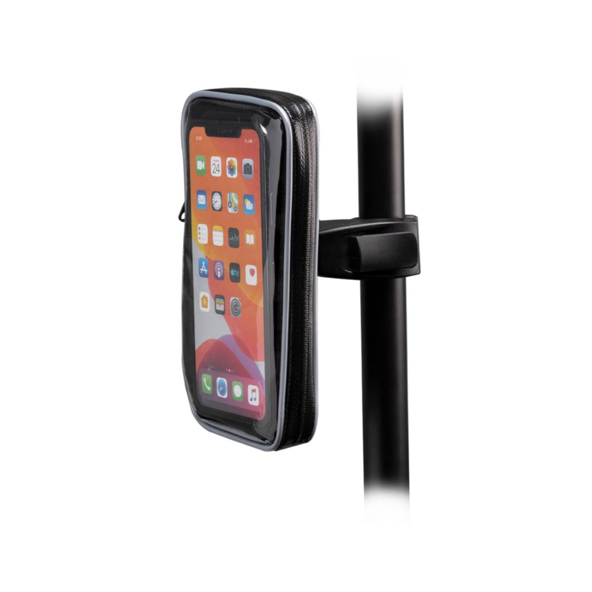 Un teléfono en una funda transparente e impermeable montado en un poste negro. El teléfono muestra iconos de aplicaciones.