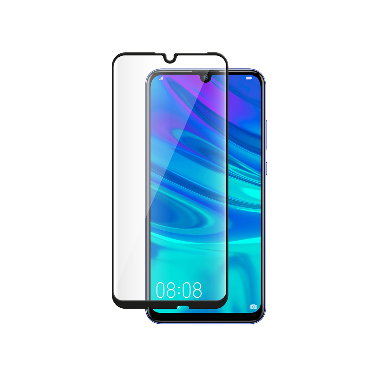 Een smartphone met een schermbeschermer, die de tijd weergeeft. De beschermer staat iets uit het midden.