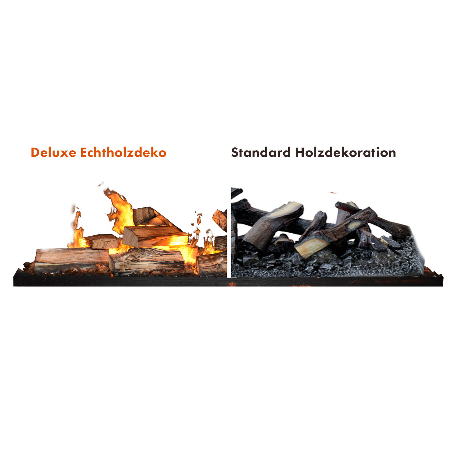 Vergleich von zwei Kaminholz-Sets. Eines ist Deluxe Echtholzdeko, das andere Standard Holzdekoration.