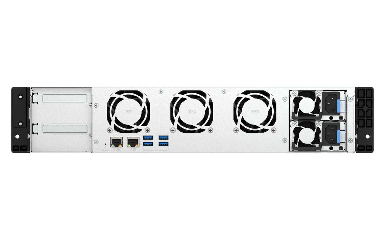 Ein Server mit drei Lüftern auf der Rückseite. Er hat mehrere Anschlüsse und Verbindungen. Der Hintergrund ist weiß.