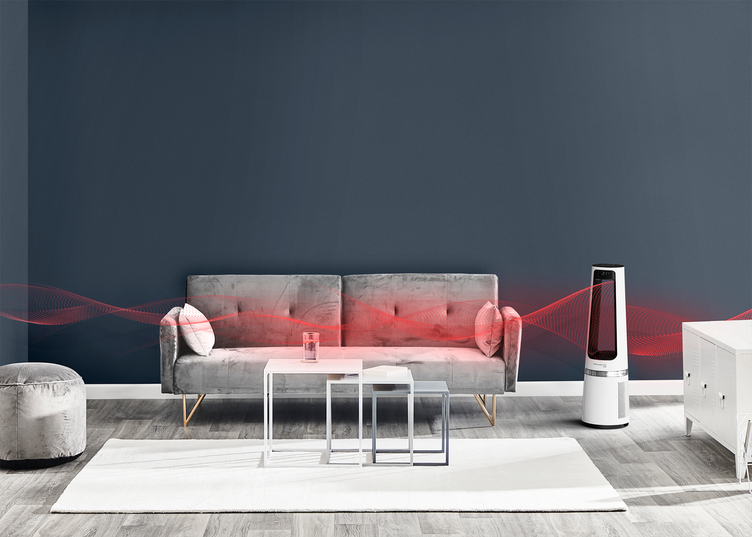 A living room with a grey sofa, small tables, a white heater, and a rug. Red waves are shown.