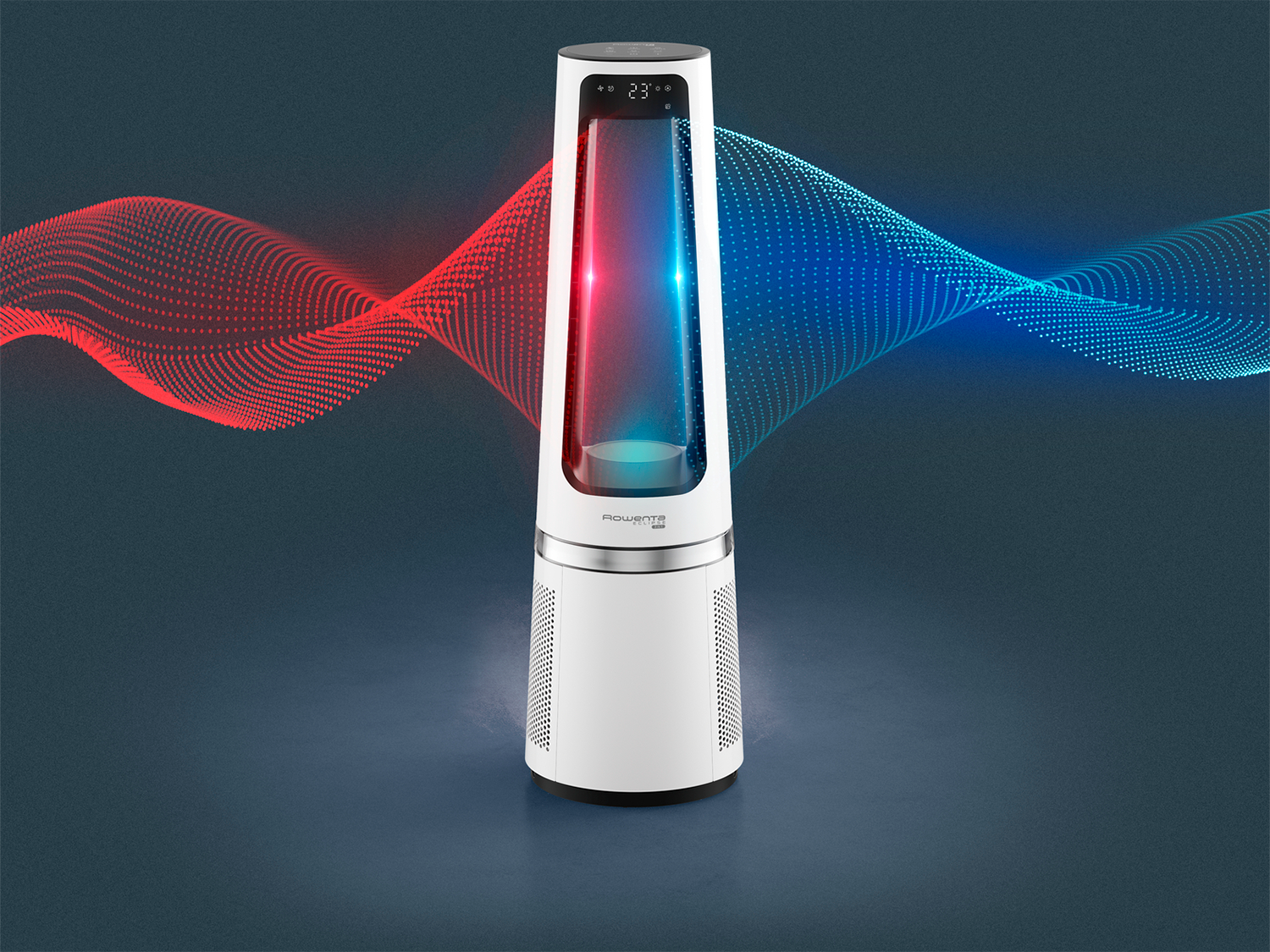 A white air purifier with red and blue light patterns. It is on a dark blue surface, with wavy lines.