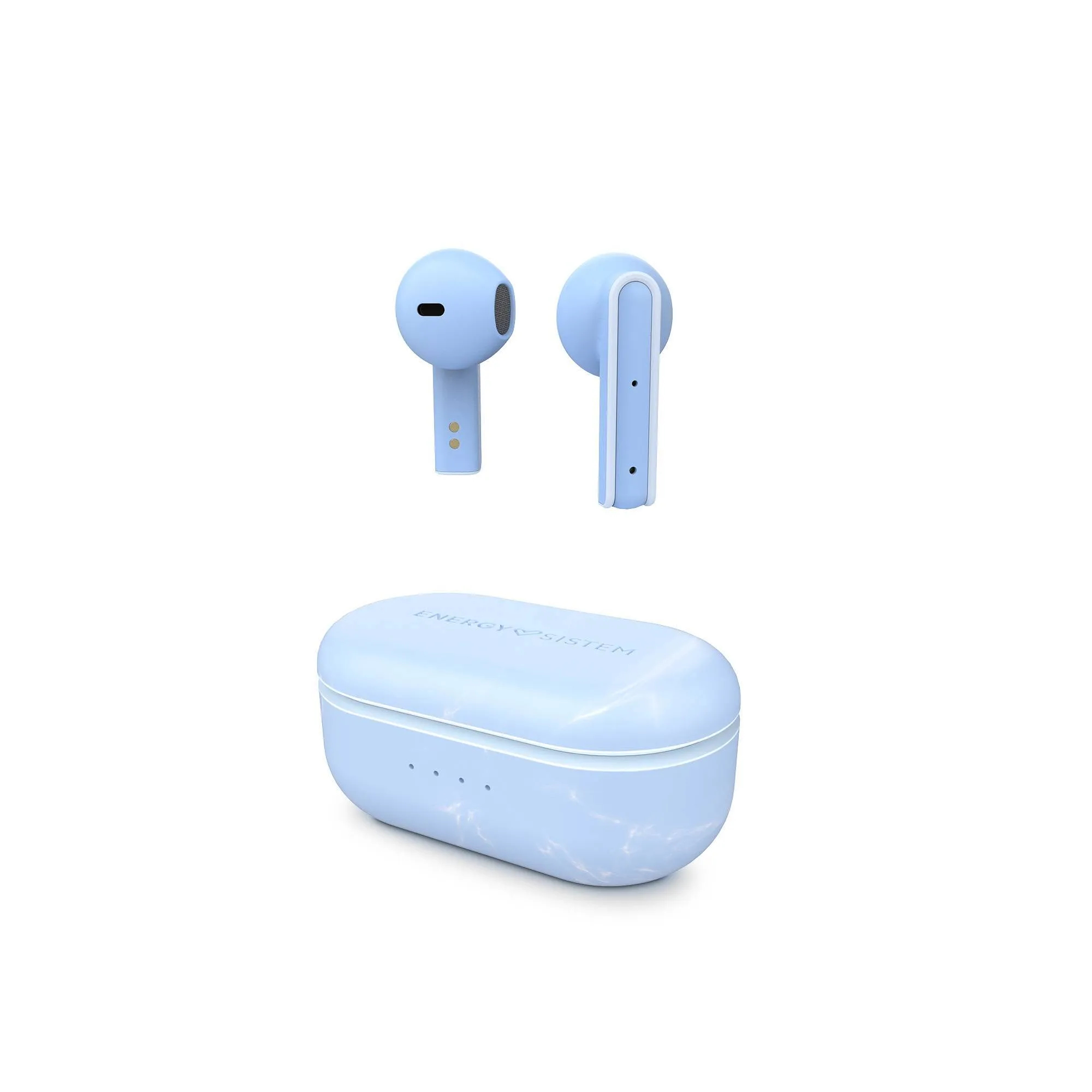Auricolari e custodia di ricarica blu chiaro. Gli auricolari sono wireless. Sfondo bianco.