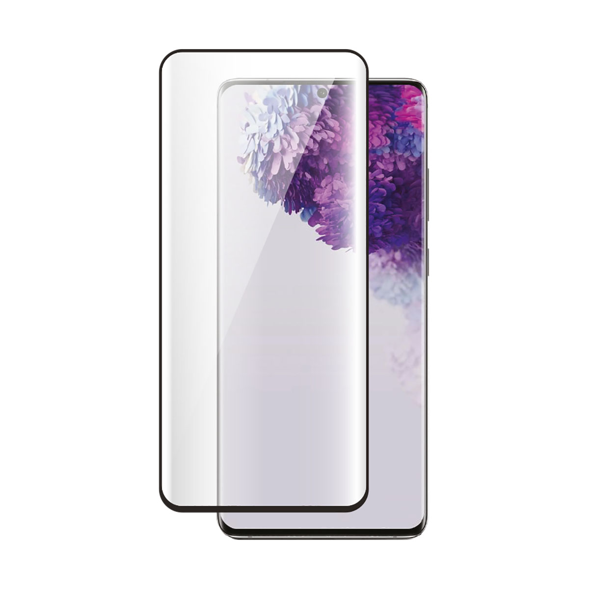 Un protecteur d'écran de téléphone à côté d'un téléphone, montrant un motif floral sur l'écran.