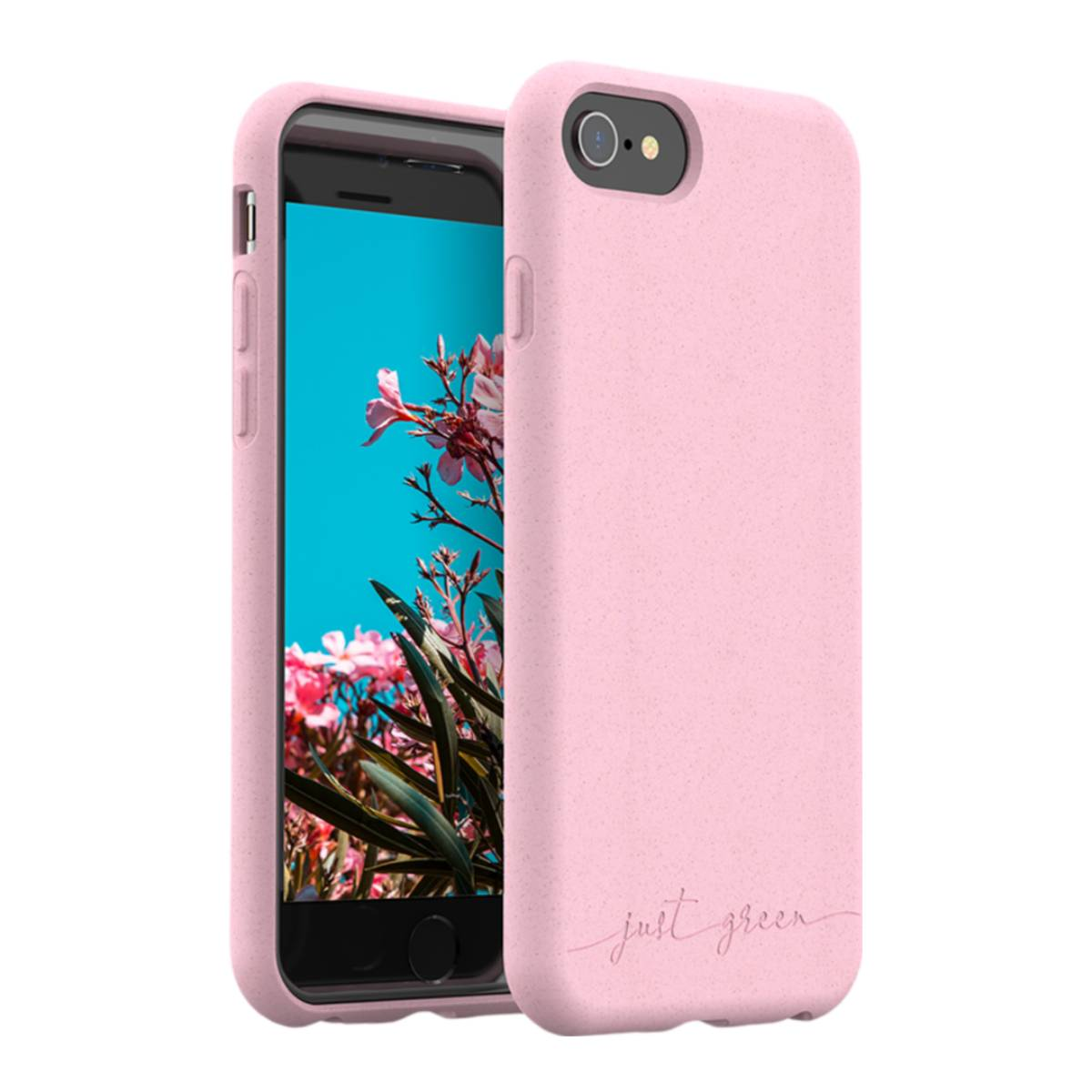 Rosa Handyhülle mit einem Telefon darin. Das Telefon hat eine Tapete mit Blumen. Die Marke ist 'just green'.