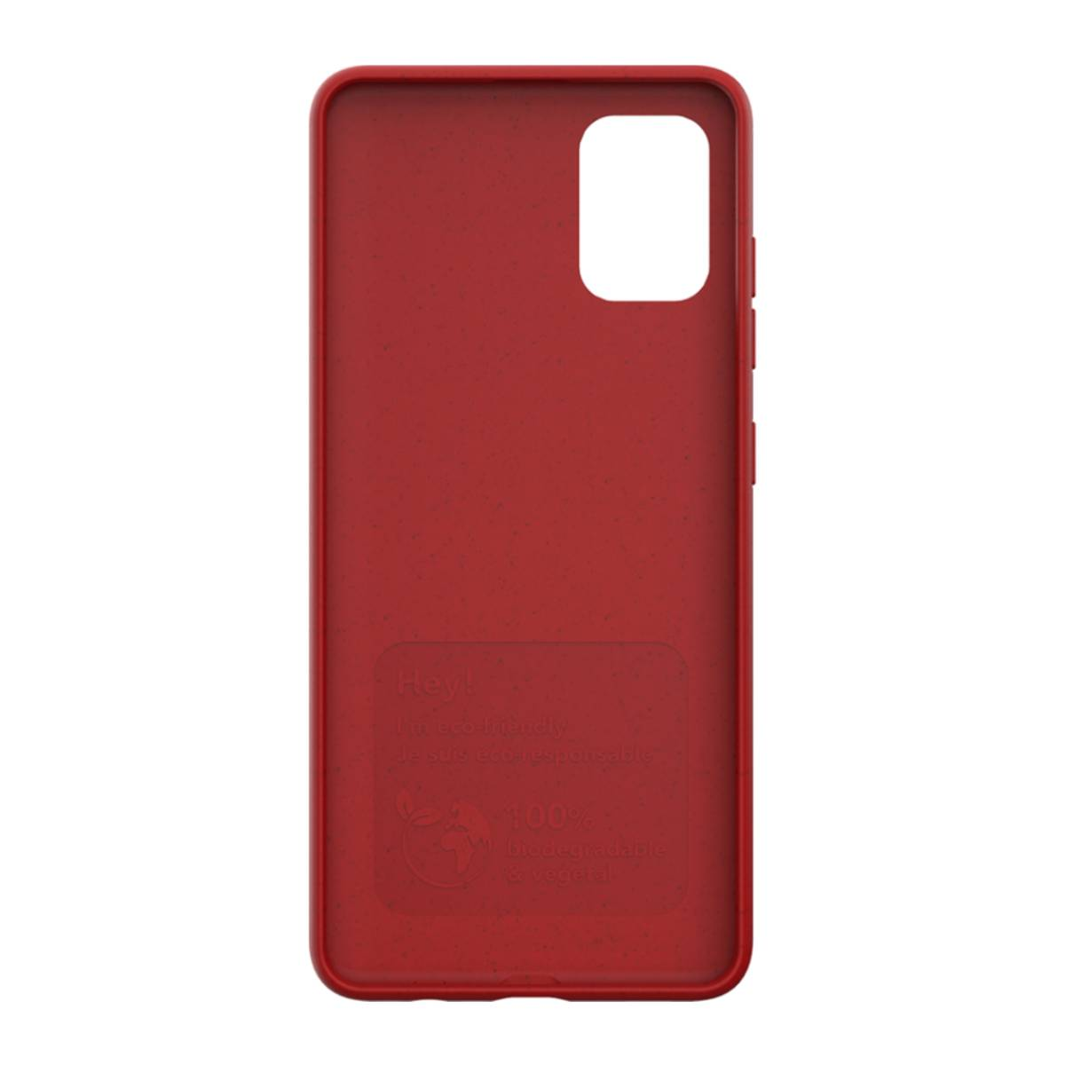 Custodia rossa con foro per la fotocamera. Ha un logo e del testo. L'interno è visibile.