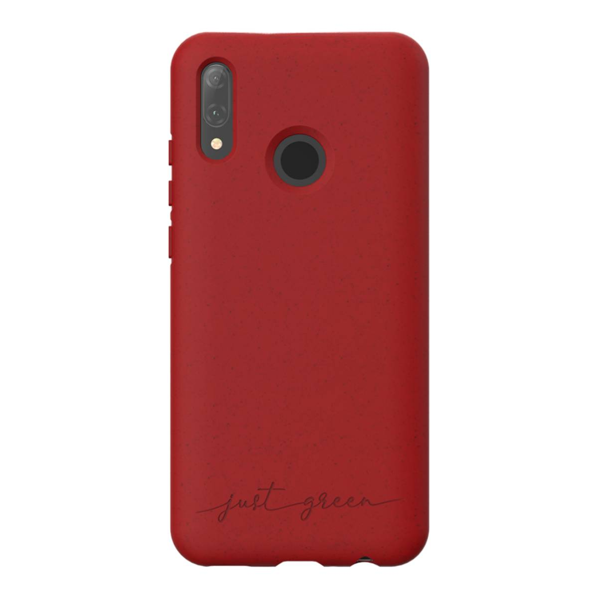 Rode smartphonehoes met camera en "just green" logo.