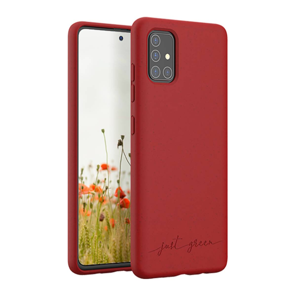 Custodia rossa per telefono con un telefono all'interno. Lo schermo del telefono mostra un campo di papaveri. Marca: just green.