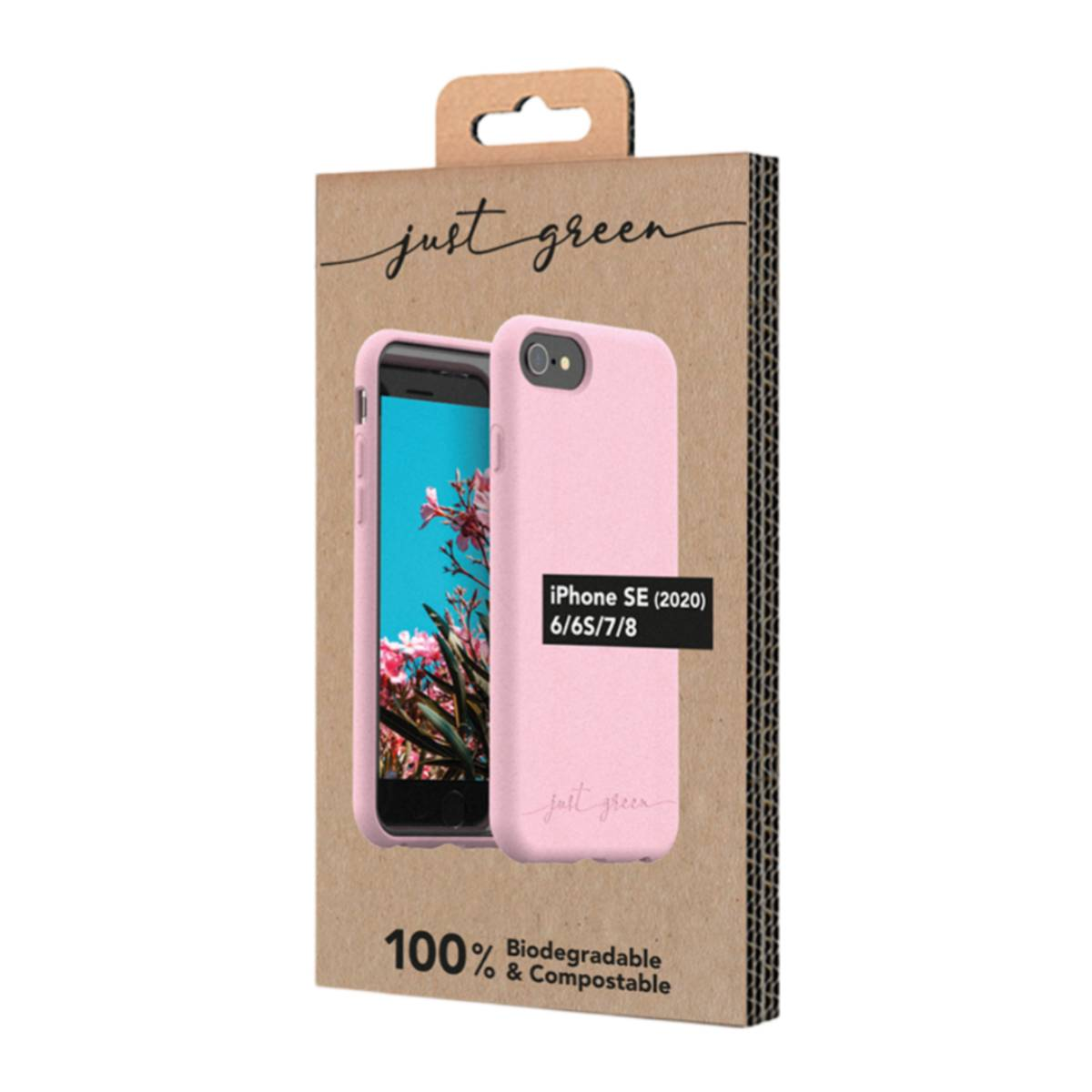 Rosa iPhone-Hülle in der Box. Enthält ein iPhone SE (2020) 6/6S/7/8. Braune Kartonverpackung.