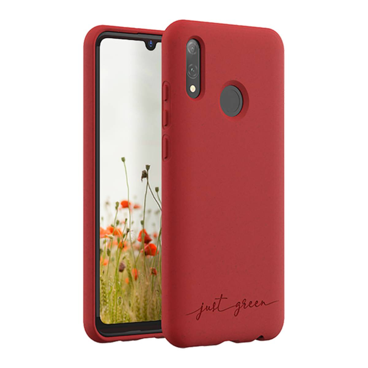 Rode telefoonhoes met een telefoon erin. Het telefoonscherm toont een veld met klaprozen. Merk: just green.