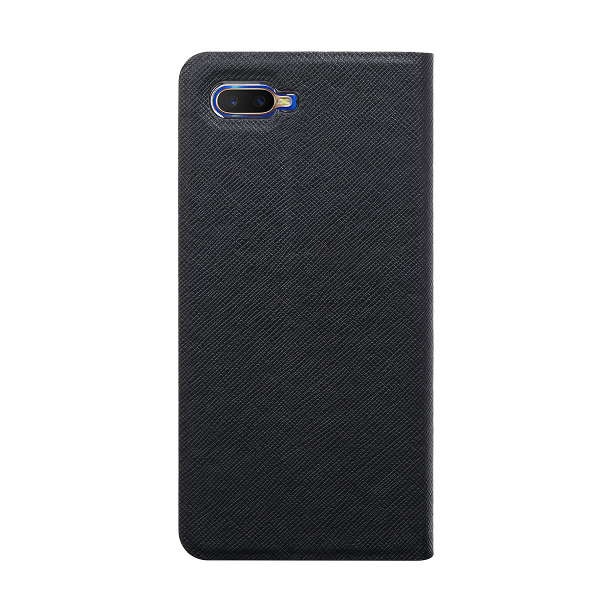 Custodia nera per telefono. La cover frontale è chiusa. Ha un foro per la fotocamera. La trama sembra pelle.