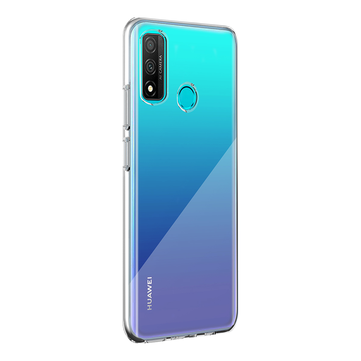Uno smartphone con custodia trasparente. Il telefono è sfumato blu e viola. La fotocamera è in alto a sinistra.