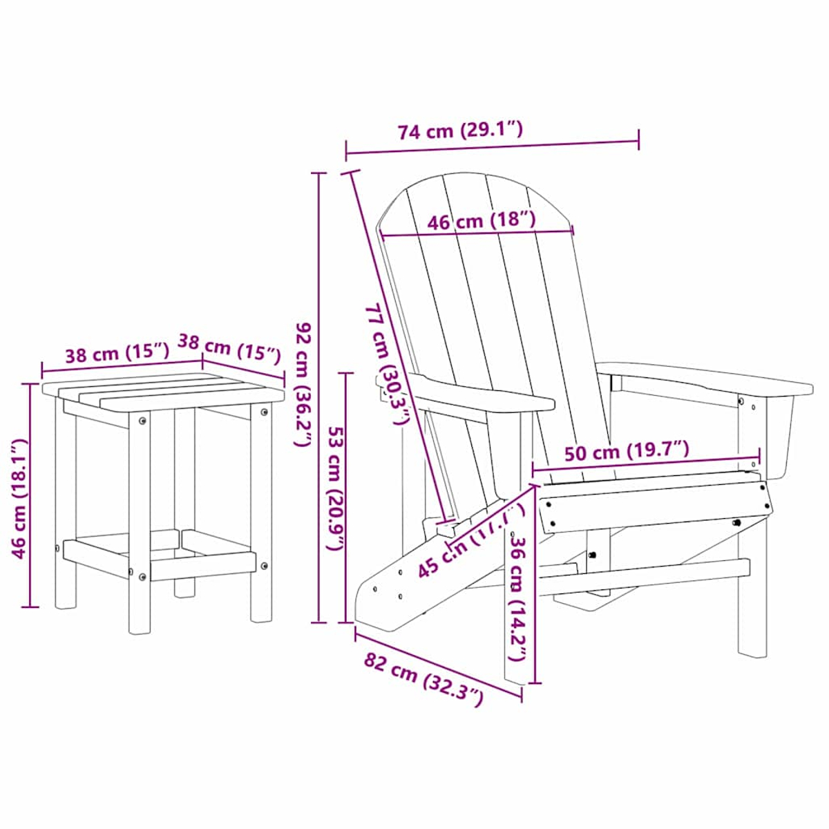 Una silla Adirondack y una mesa auxiliar, con medidas. La silla está a la derecha.