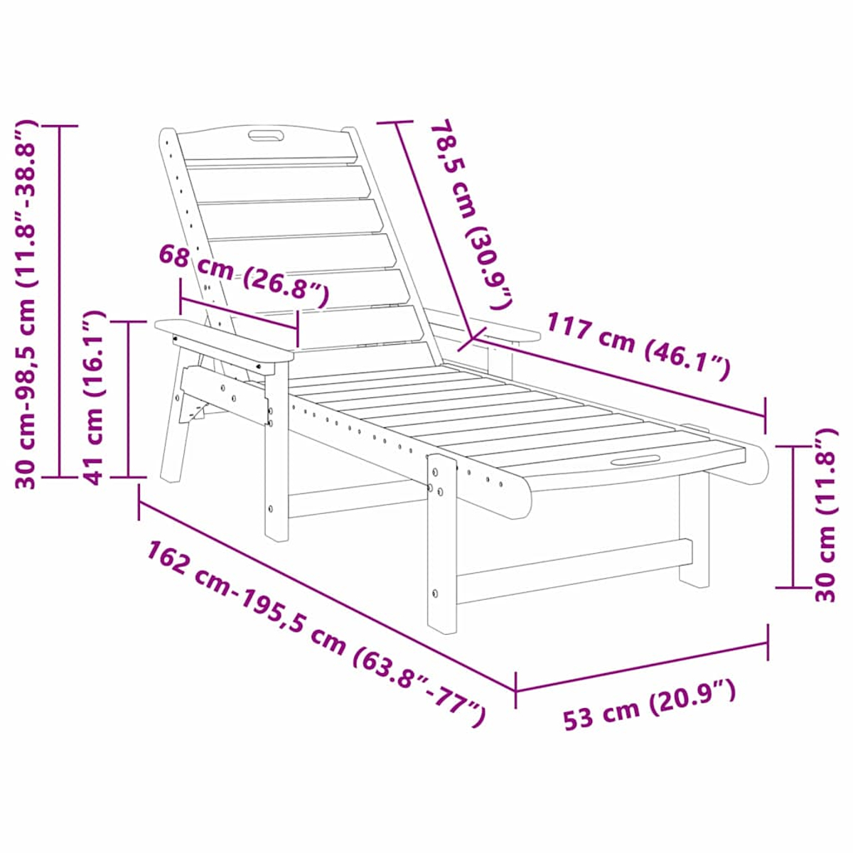 Diagrama de una chaise longue con dimensiones etiquetadas. Hecha de madera clara.