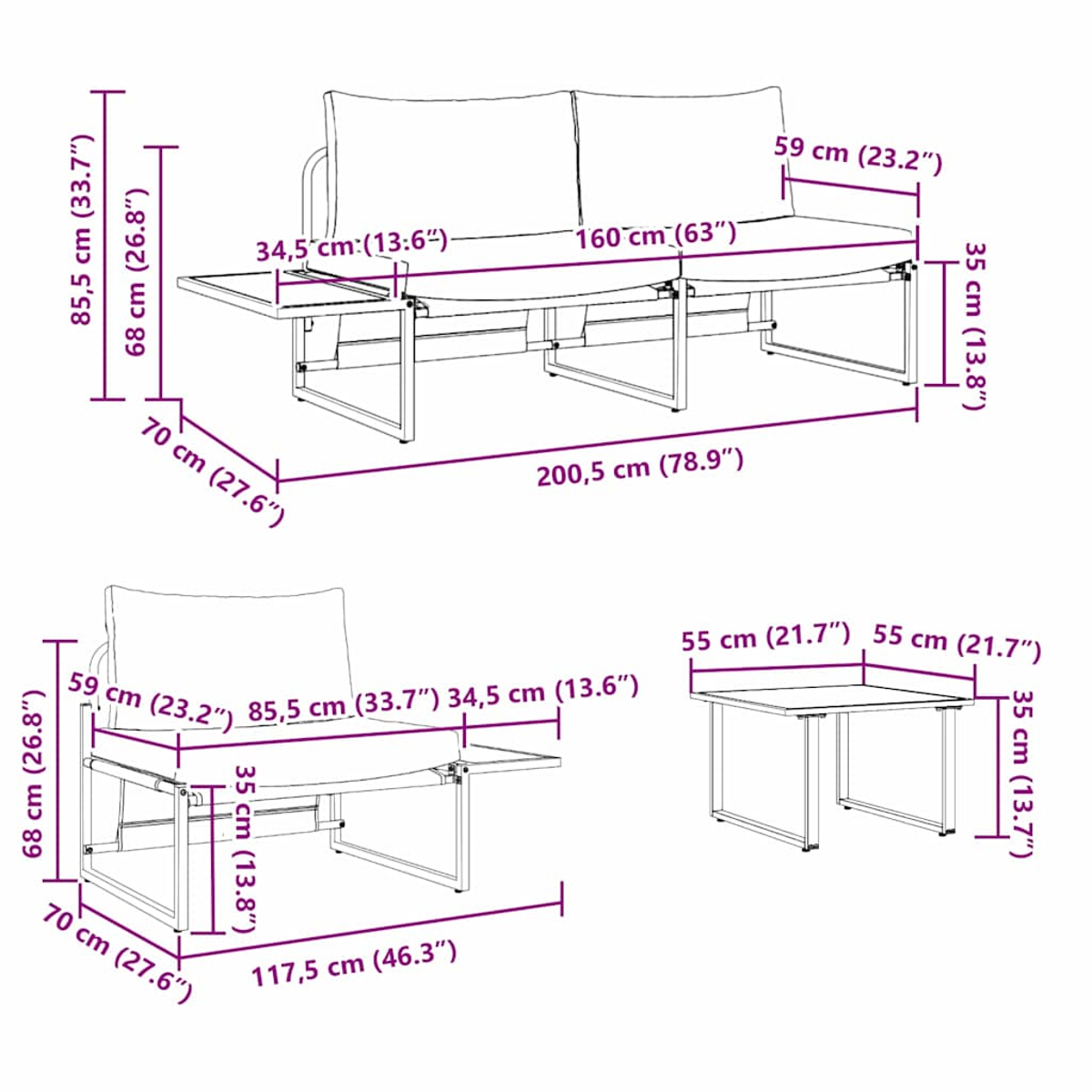 Diagramm, das ein Sofa mit einem Beistelltisch und einem separaten Tisch zeigt. Die Maße sind angegeben.